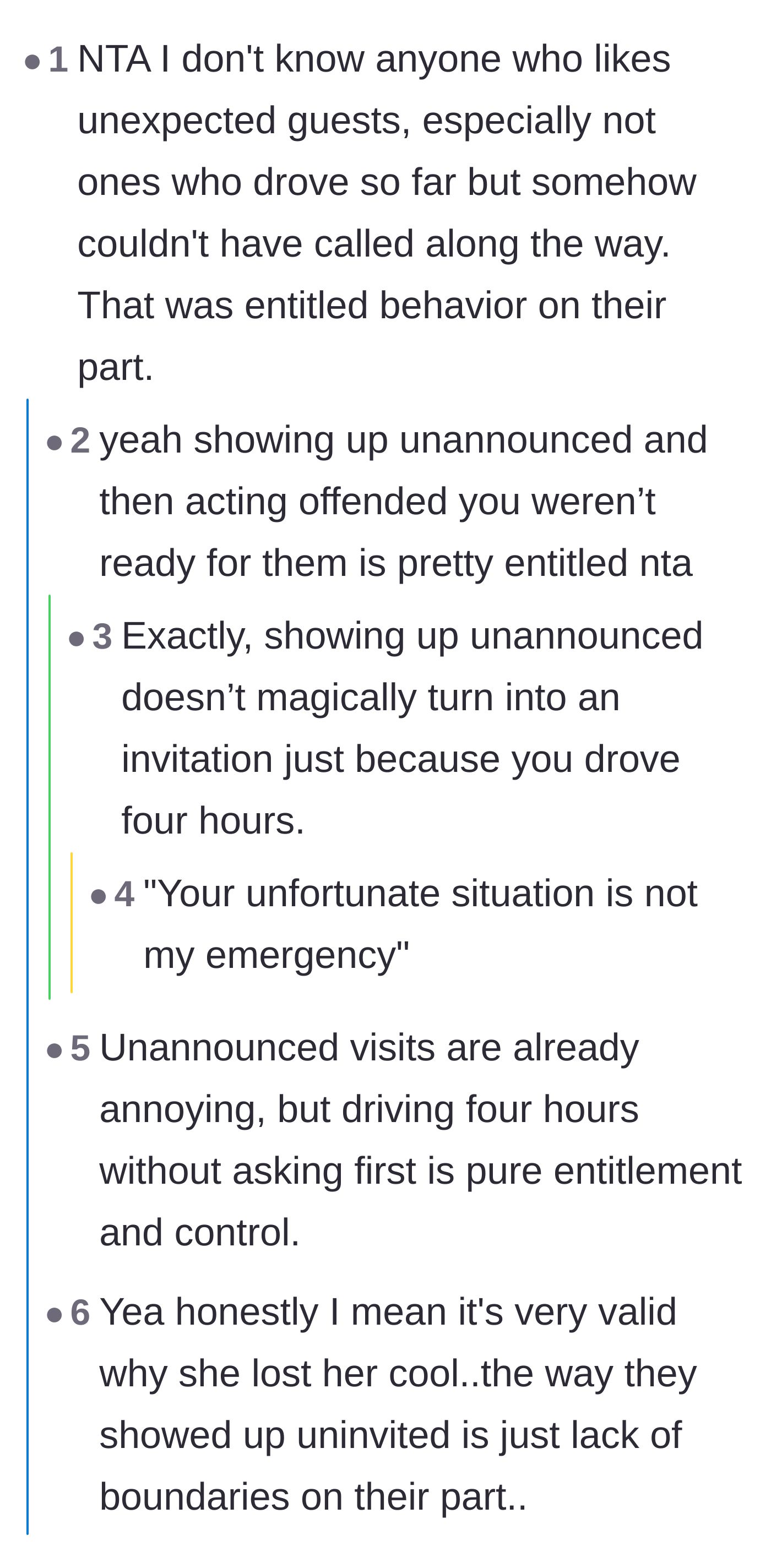 Comment thread 1 - Discussing the pure entitlement of showing up unannounced and acting offended when turned away.