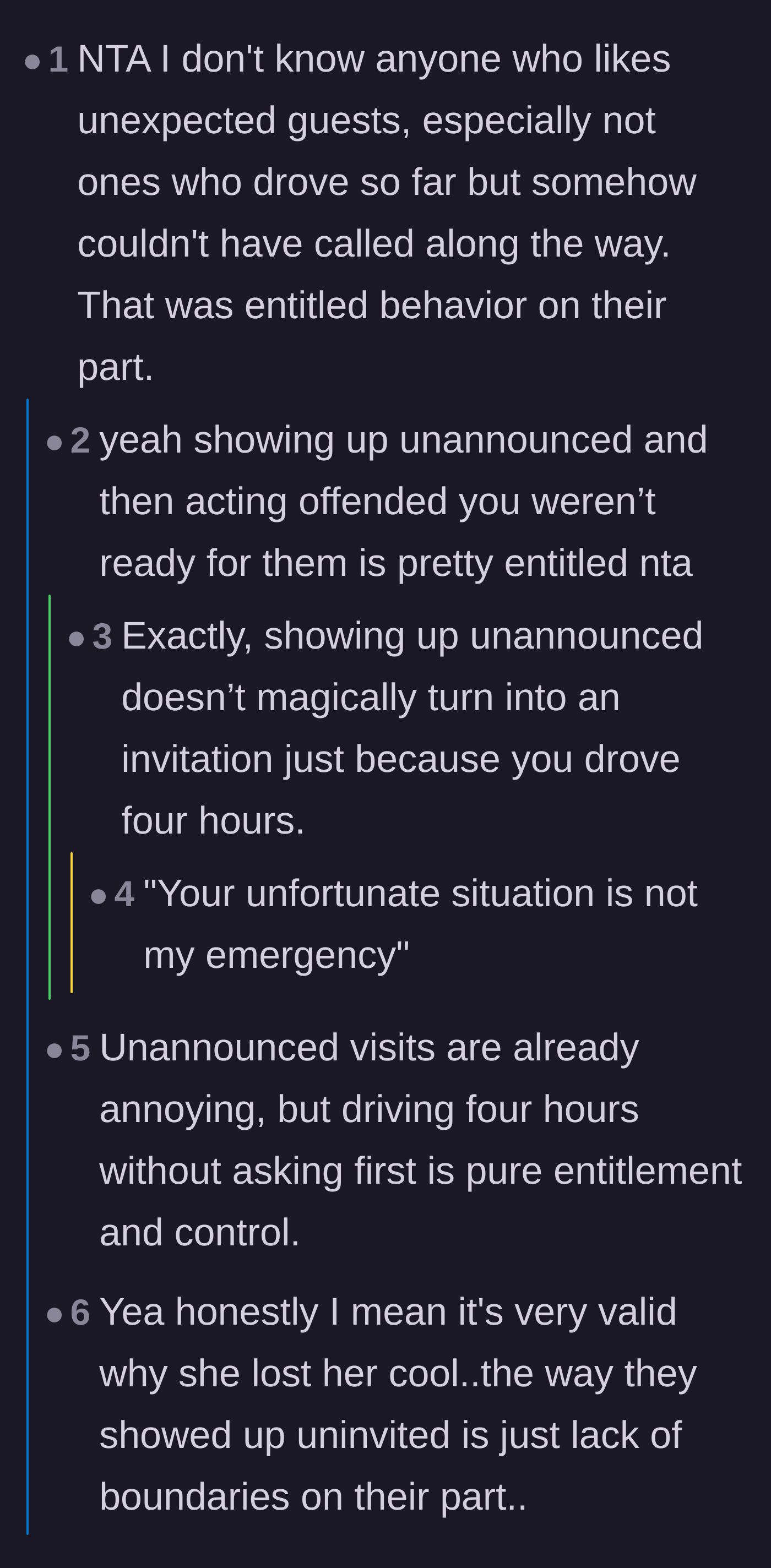 Comment thread 1 - Discussing the pure entitlement of showing up unannounced and acting offended when turned away.