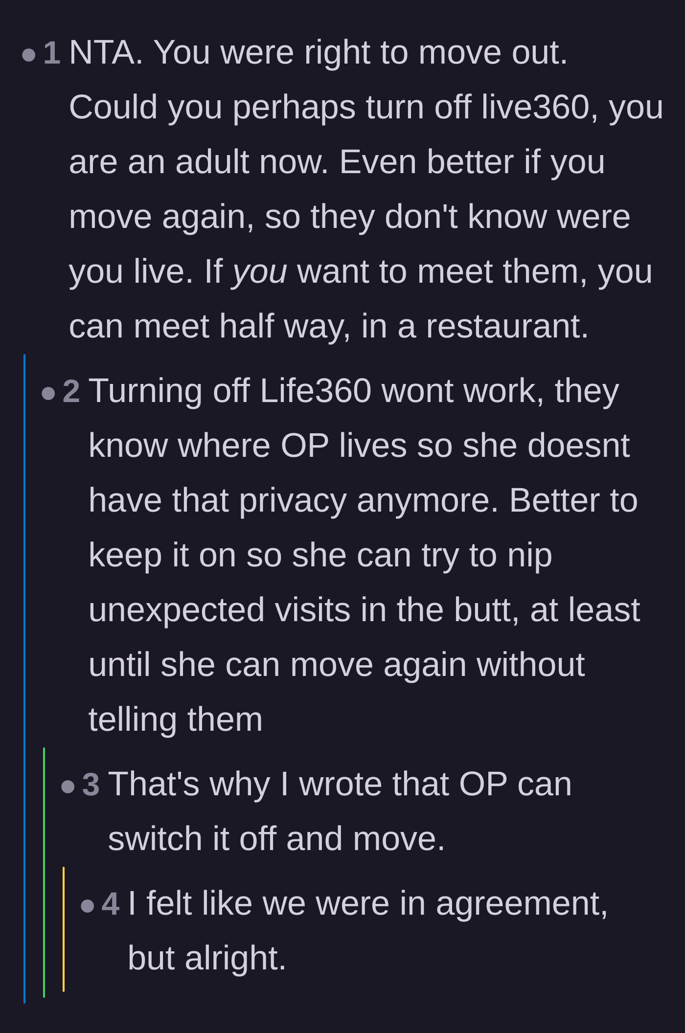 Comment thread 2 - Giving practical advice on turning off location tracking and moving to regain privacy.