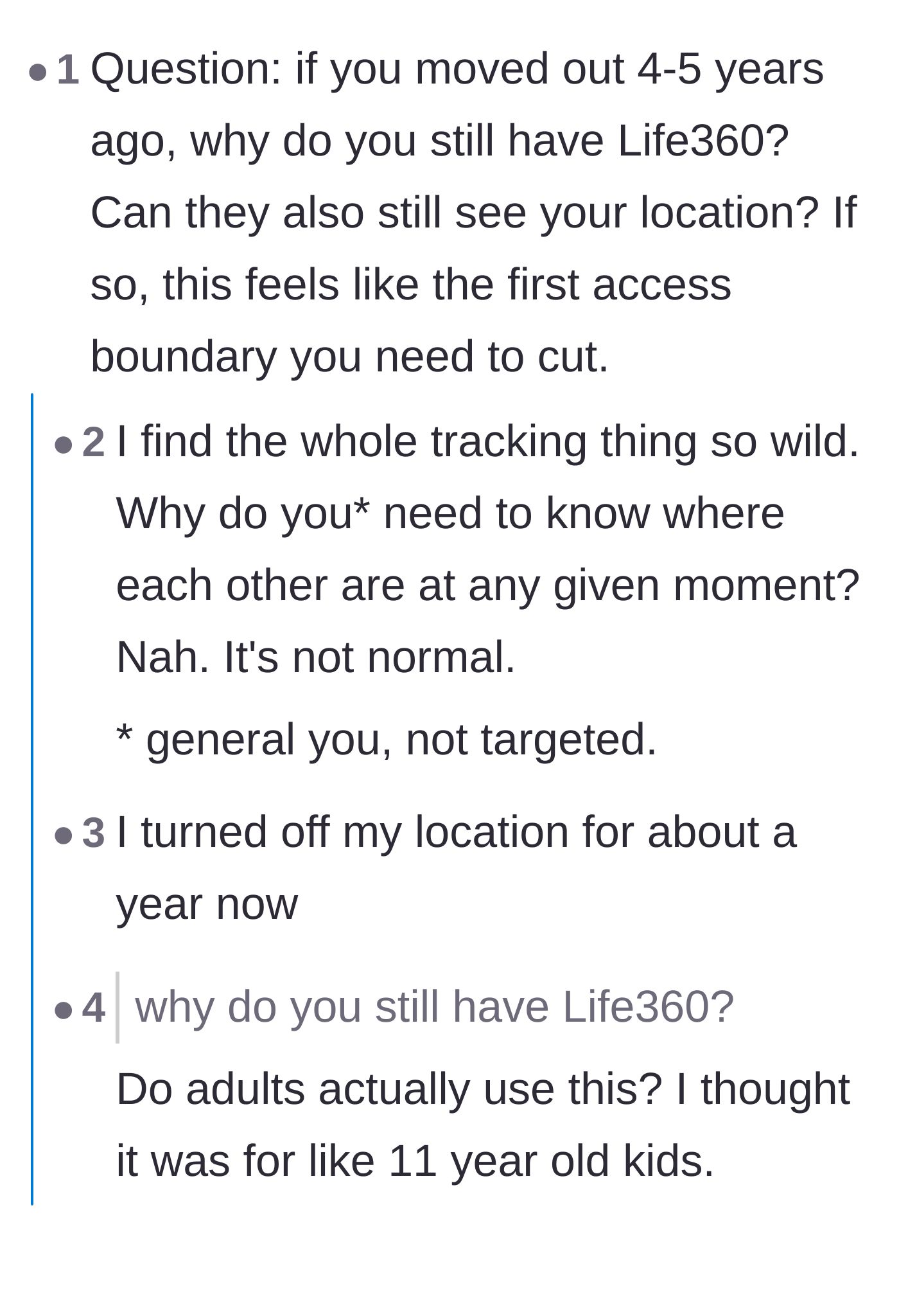 Comment thread 3 - Debating the weirdness of adults using tracking apps and questioning the boundaries involved.