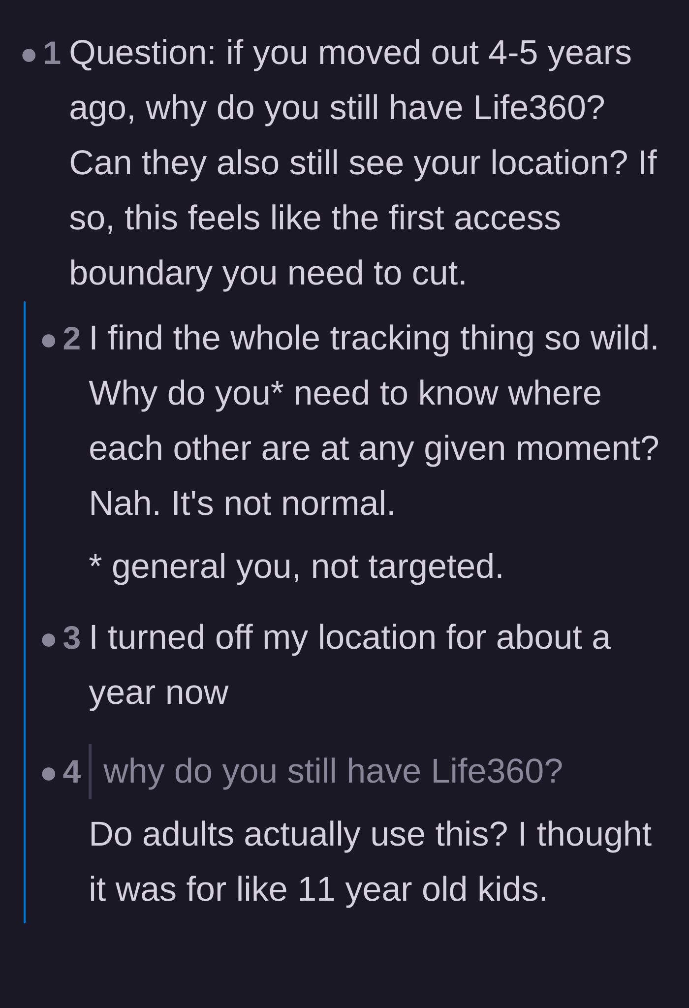Comment thread 3 - Debating the weirdness of adults using tracking apps and questioning the boundaries involved.