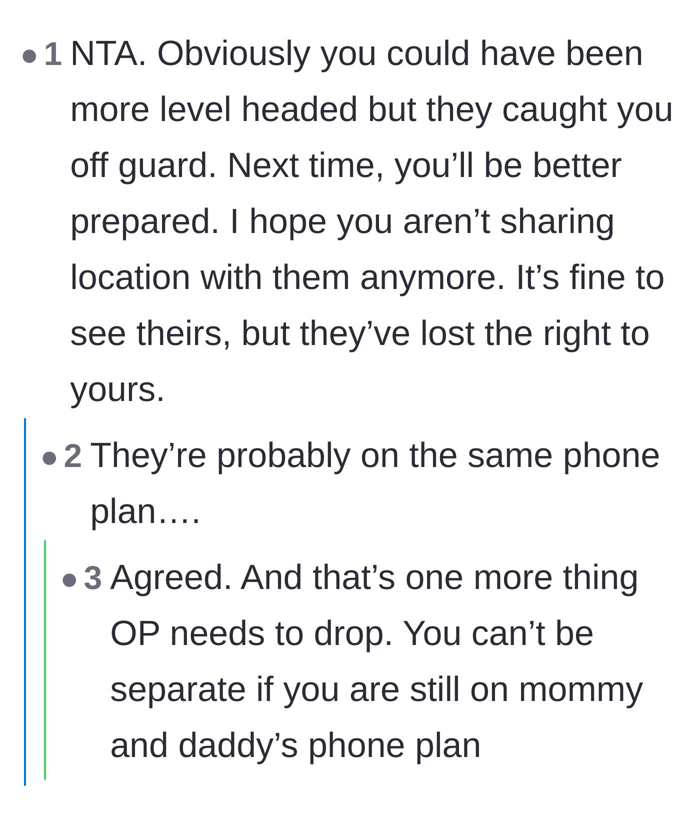 Comment thread 4 - Speculating about whether the daughter is still tied to her parents' cell phone plan.