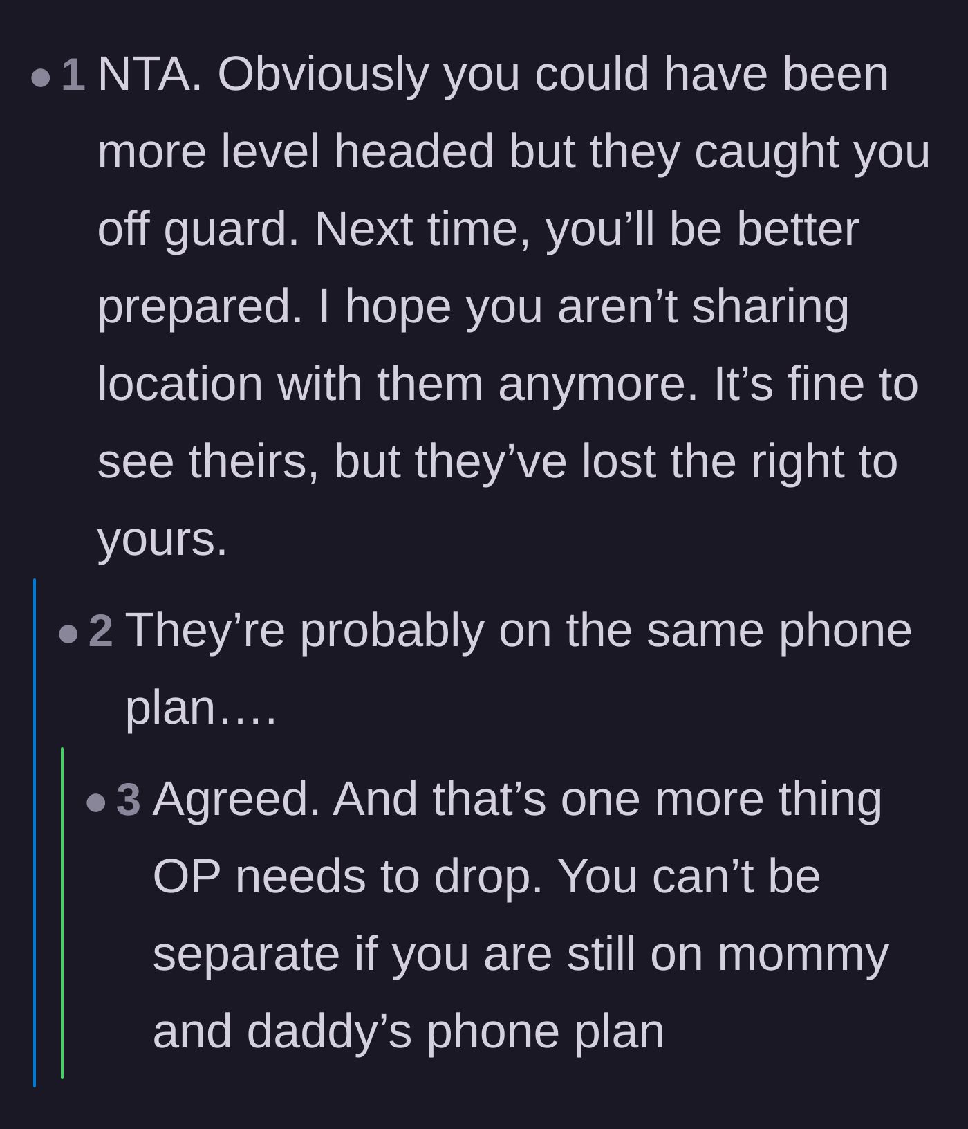 Comment thread 4 - Speculating about whether the daughter is still tied to her parents' cell phone plan.