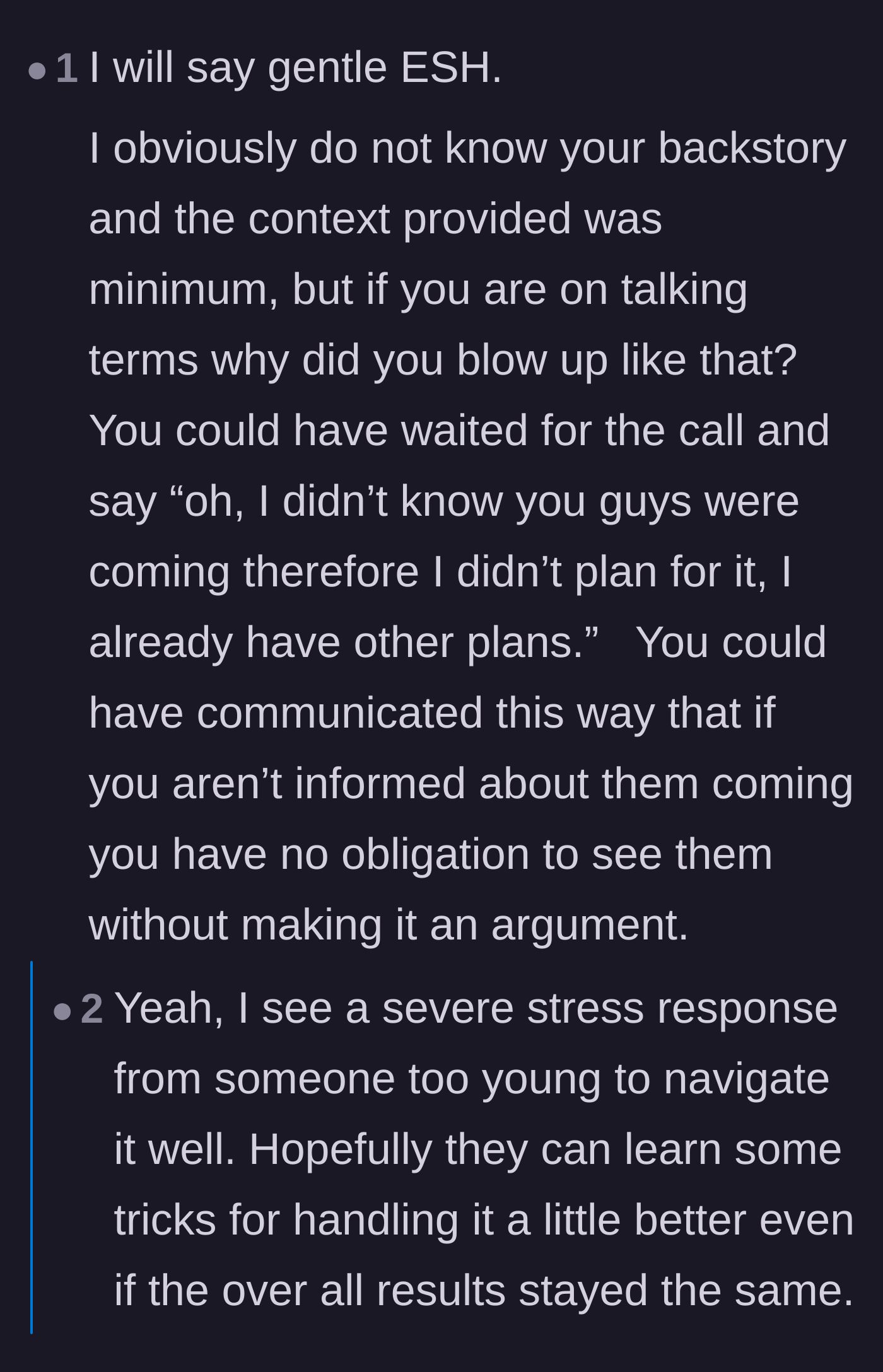 Comment thread 5 - Defending the daughter's explosive reaction as a valid trauma response to years of boundary stomping.