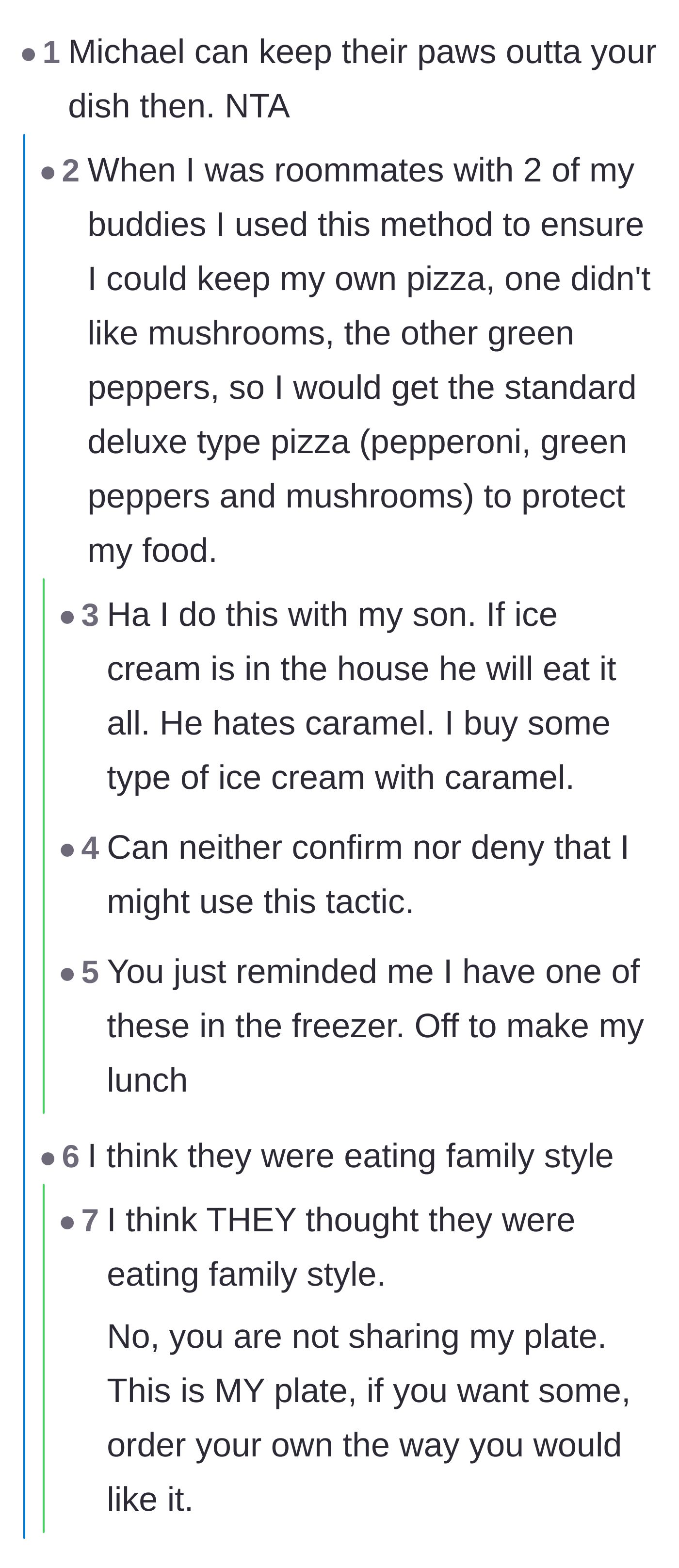 Comment thread 1 - Advice and anecdotes on strategically ordering food with ingredients that greedy family members hate.