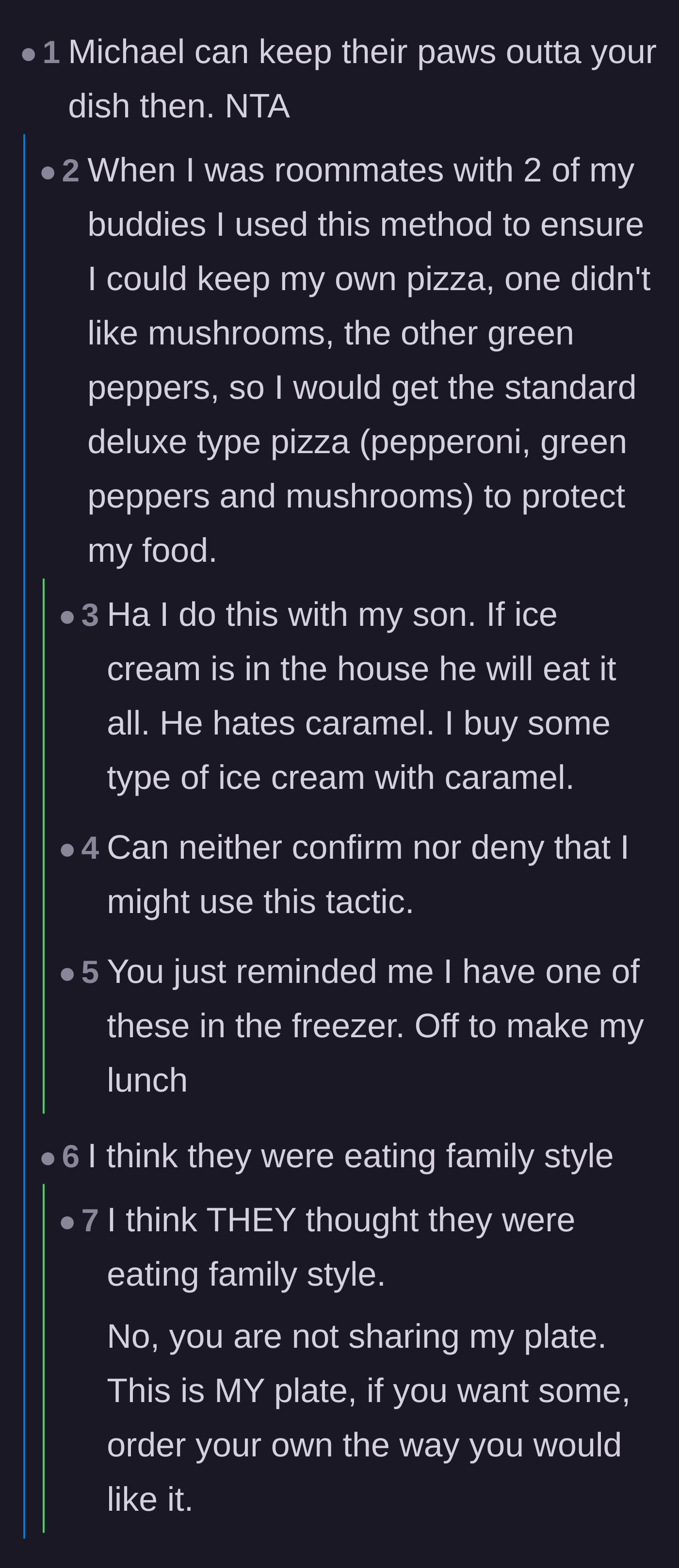 Comment thread 1 - Advice and anecdotes on strategically ordering food with ingredients that greedy family members hate.