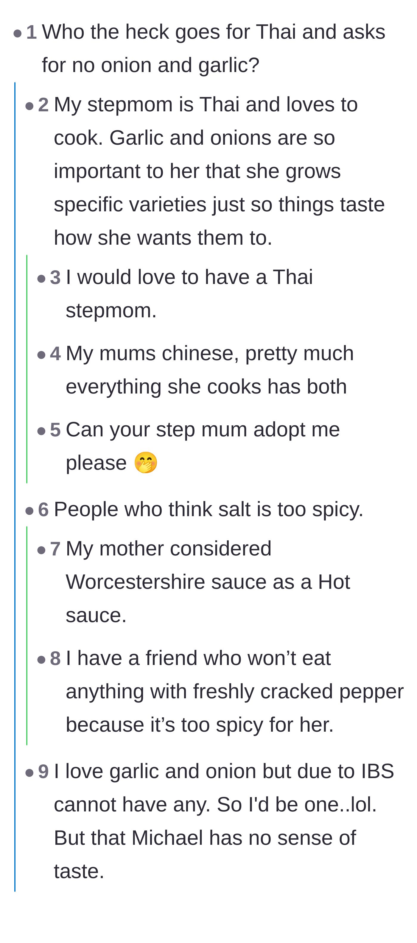 Comment thread 2 - Disbelief over ordering Thai food without garlic or onions, and jokes about people who find pepper too spicy.