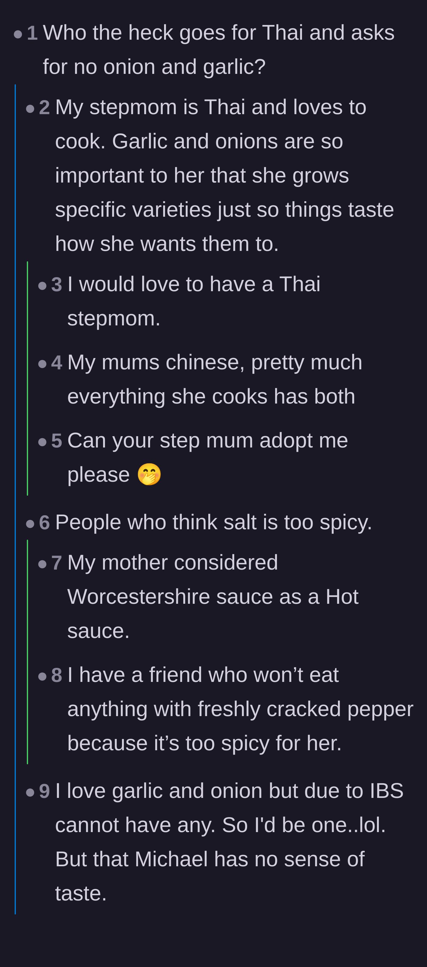 Comment thread 2 - Disbelief over ordering Thai food without garlic or onions, and jokes about people who find pepper too spicy.