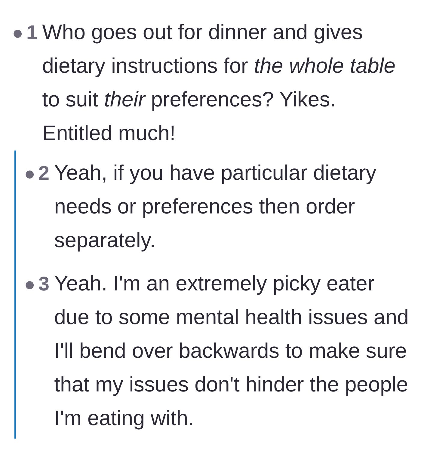 Comment thread 3 - Criticism of the cousin's sheer entitlement in trying to dictate the entire table's order.