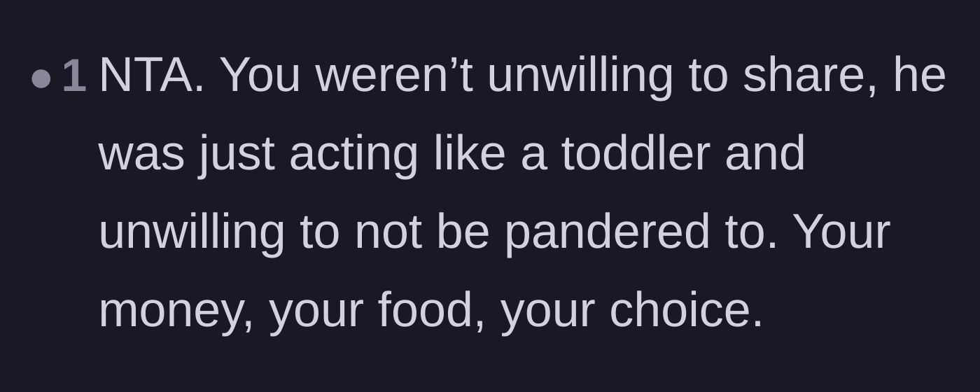Comment thread 4 - Calling out the cousin for acting like a toddler who expects to be pandered to.
