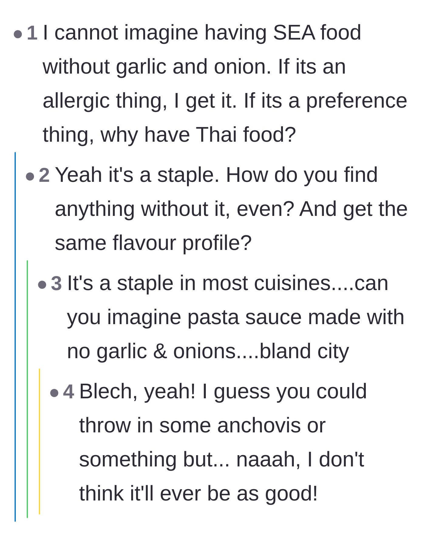 Comment thread 5 - Discussion on how essential garlic and onions are to the flavor profile of Southeast Asian cuisine.