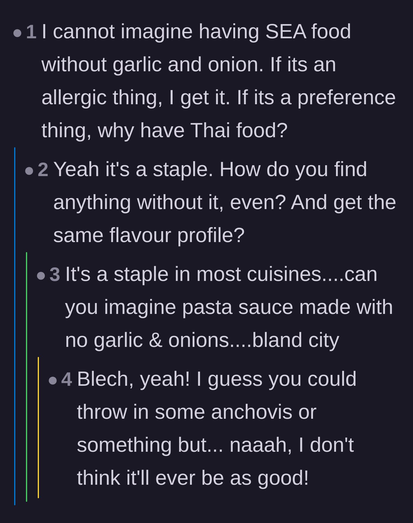 Comment thread 5 - Discussion on how essential garlic and onions are to the flavor profile of Southeast Asian cuisine.