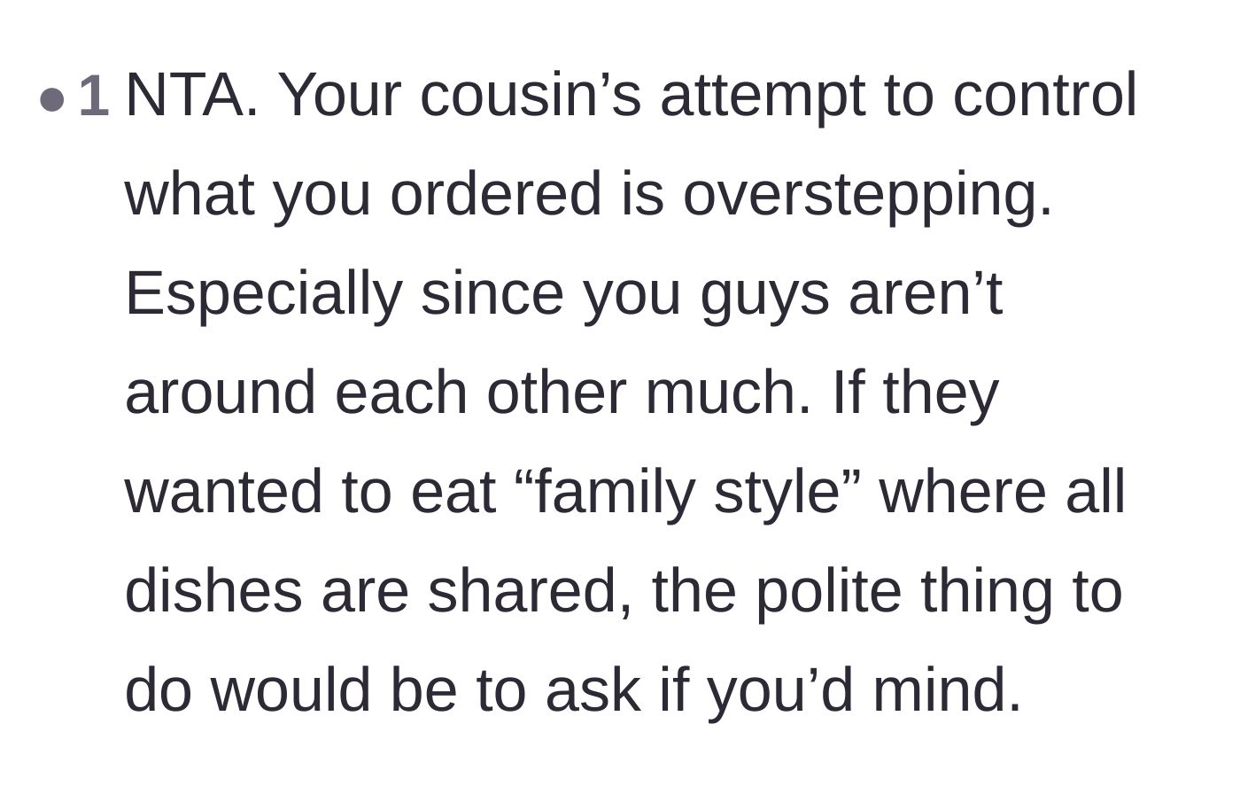 Comment thread 6 - Pointing out that eating family style requires basic communication and consent, not unilateral control.