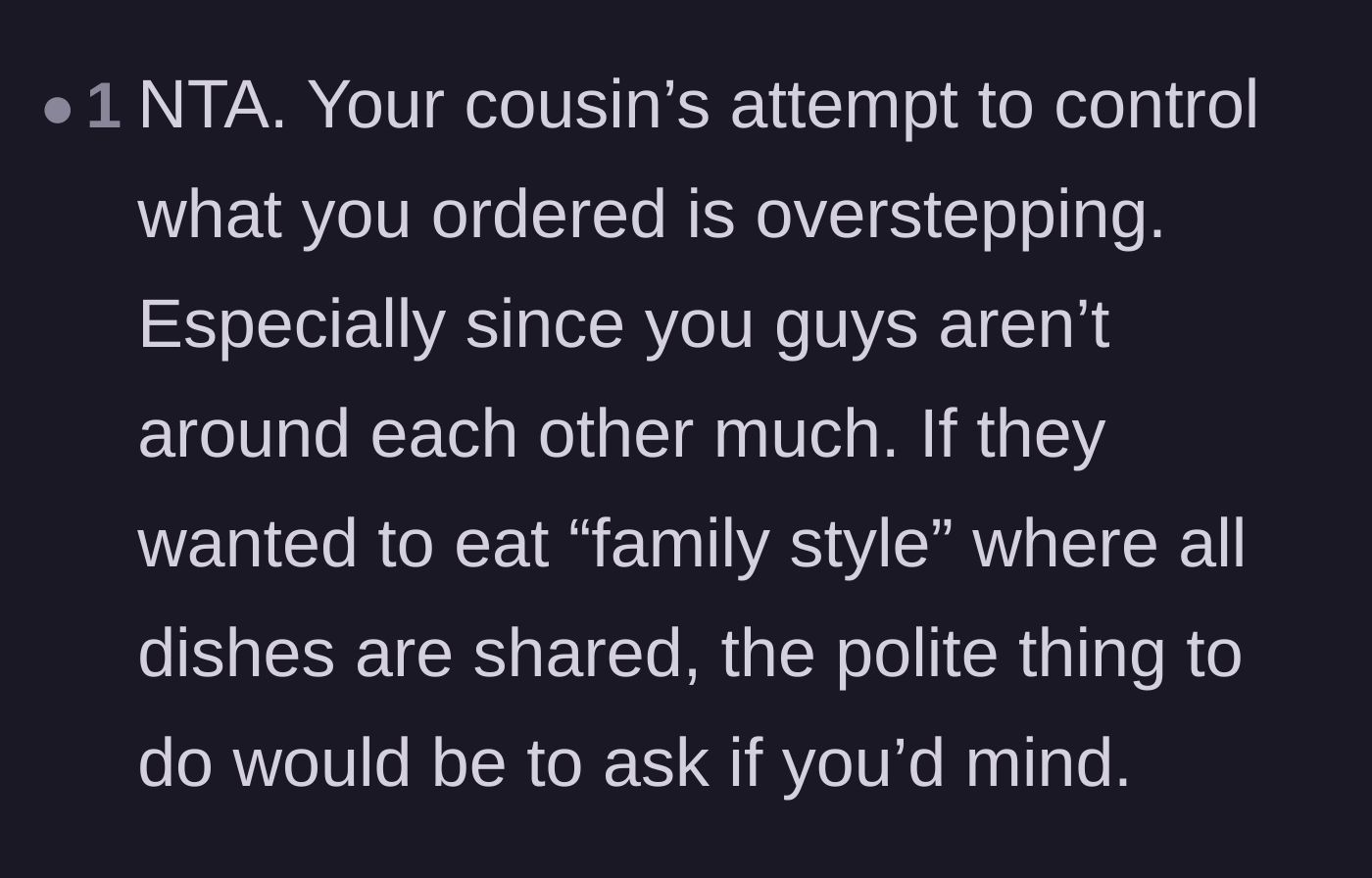 Comment thread 6 - Pointing out that eating family style requires basic communication and consent, not unilateral control.