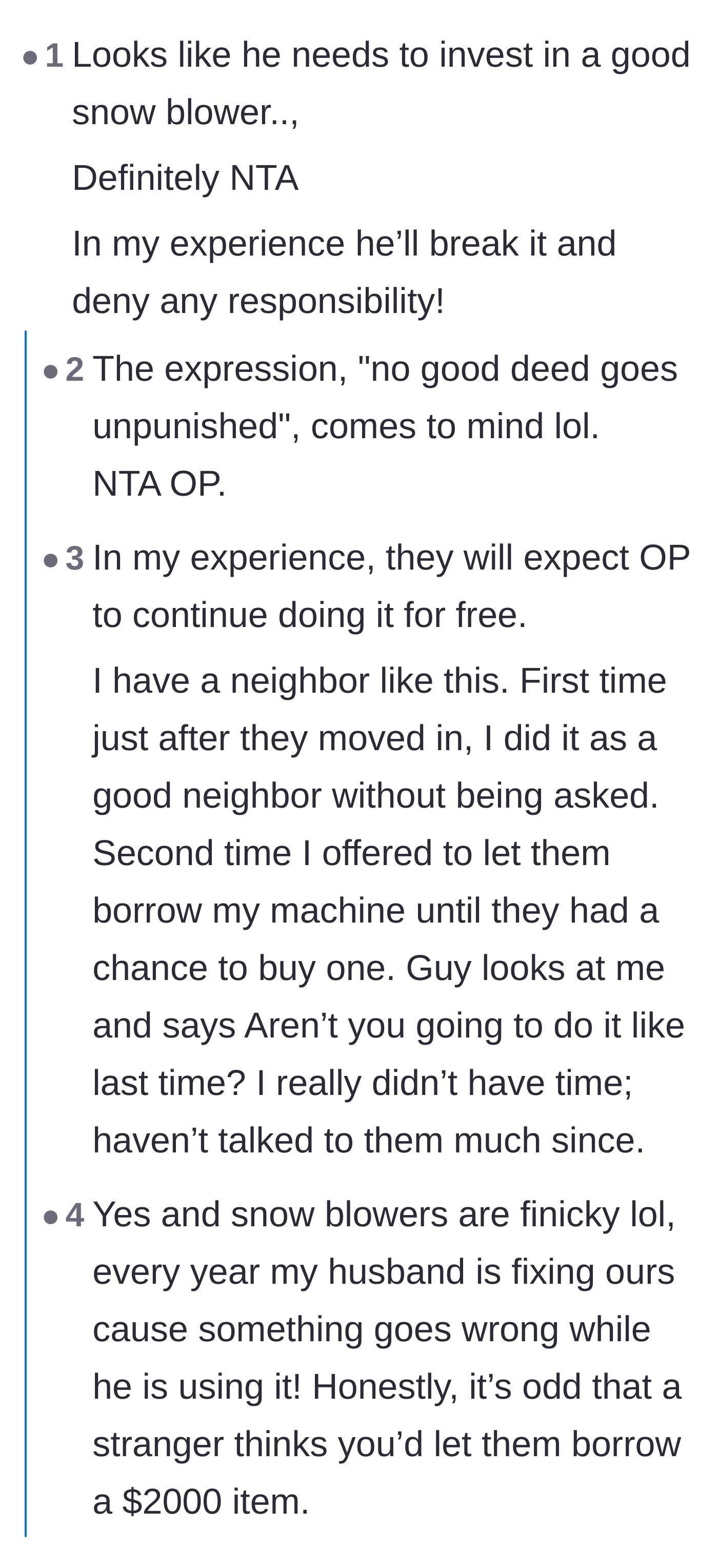 Comment thread 2 - A discussion about how doing one favor for an entitled neighbor often leads to them demanding free labor forever