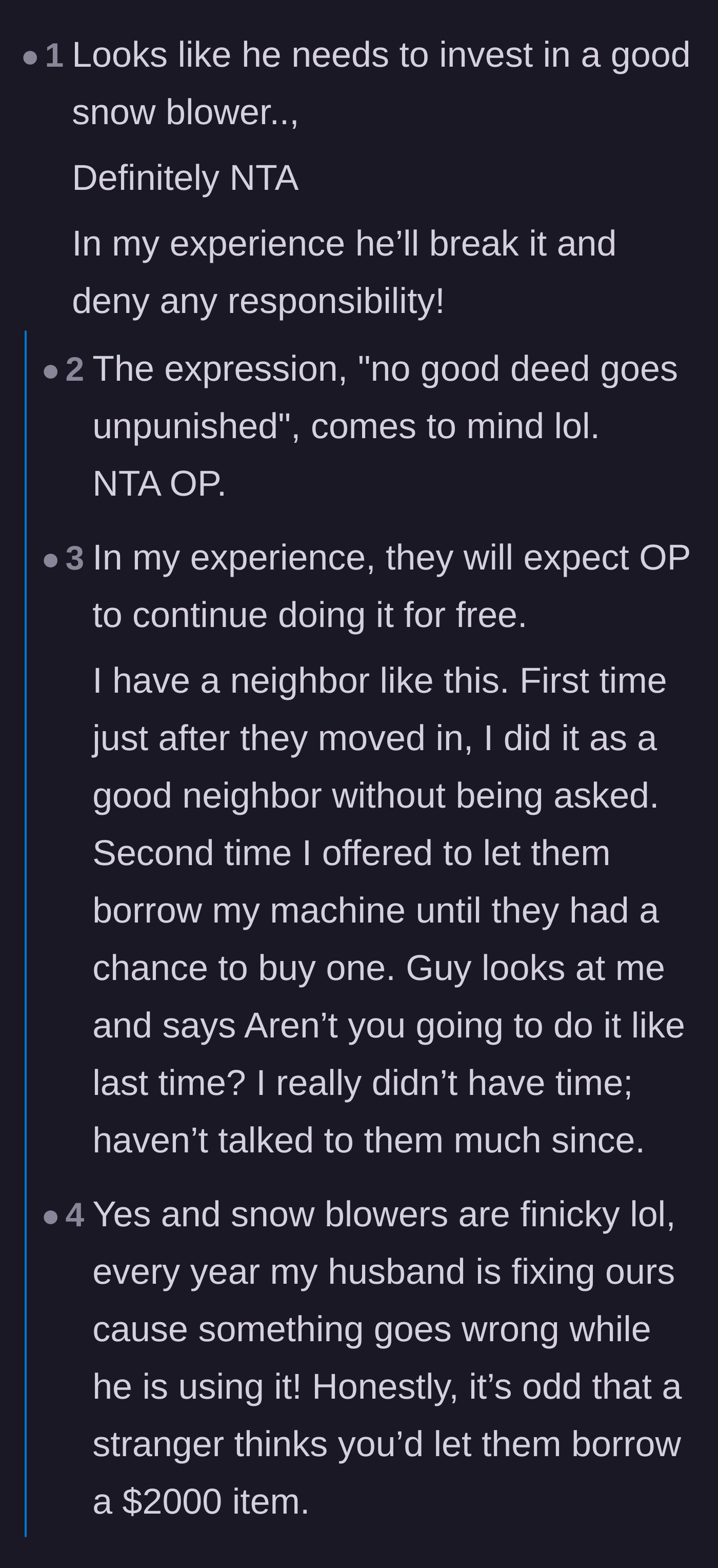 Comment thread 2 - A discussion about how doing one favor for an entitled neighbor often leads to them demanding free labor forever