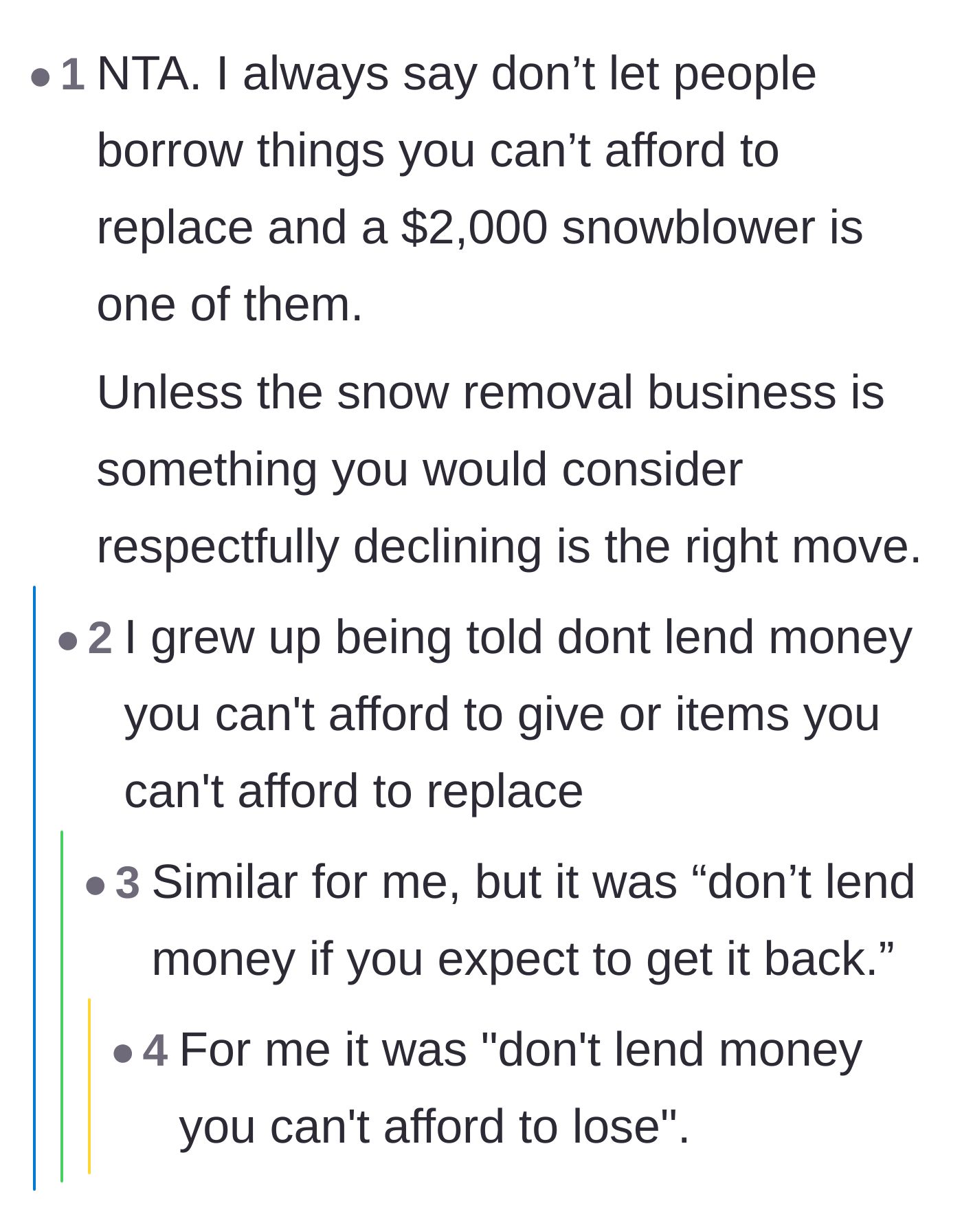 Comment thread 3 - Readers agreeing with the old adage that you should never lend out an item you cannot afford to replace
