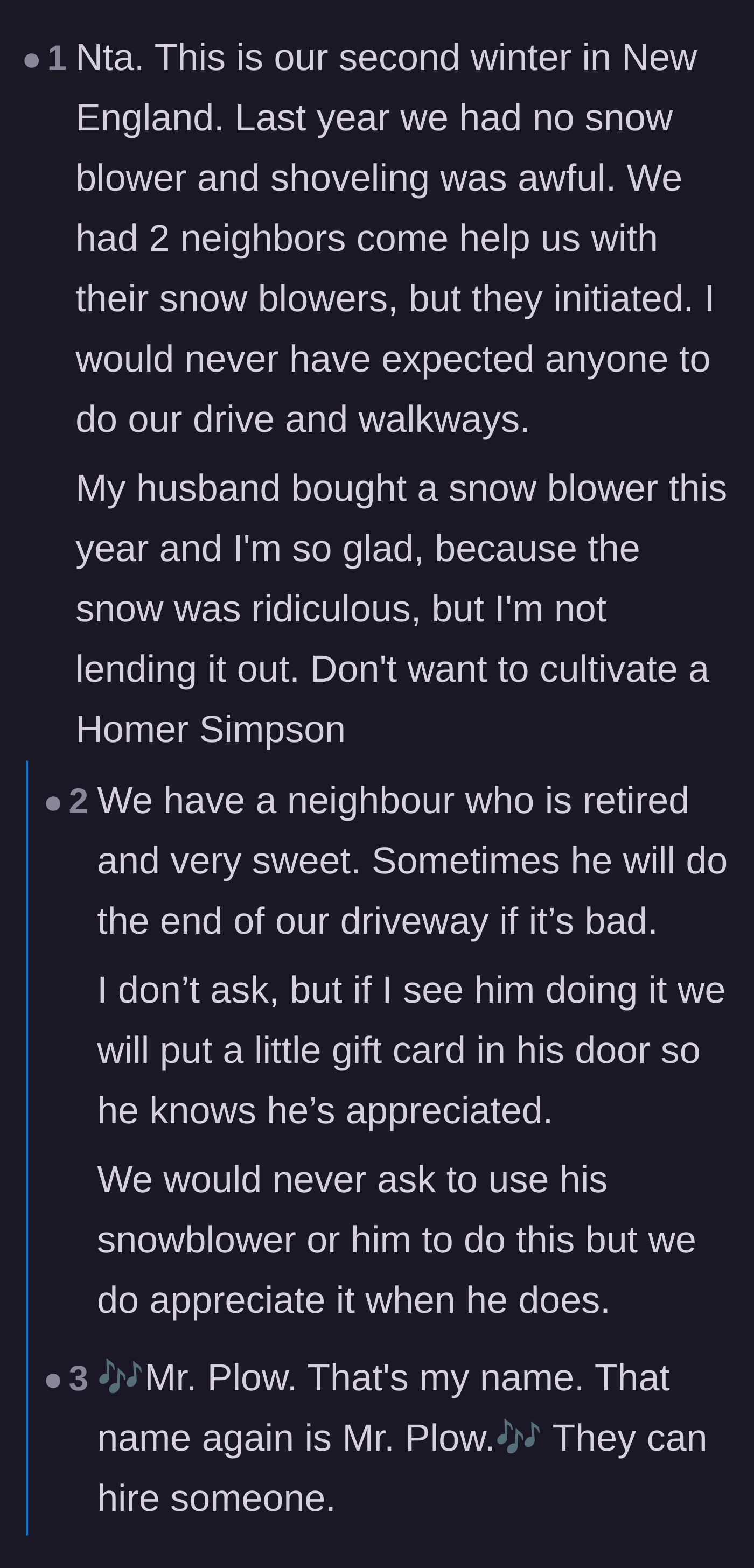 Comment thread 4 - Commenters sharing positive stories of reciprocal neighborly help, contrasting it with the entitled neighbor's demands