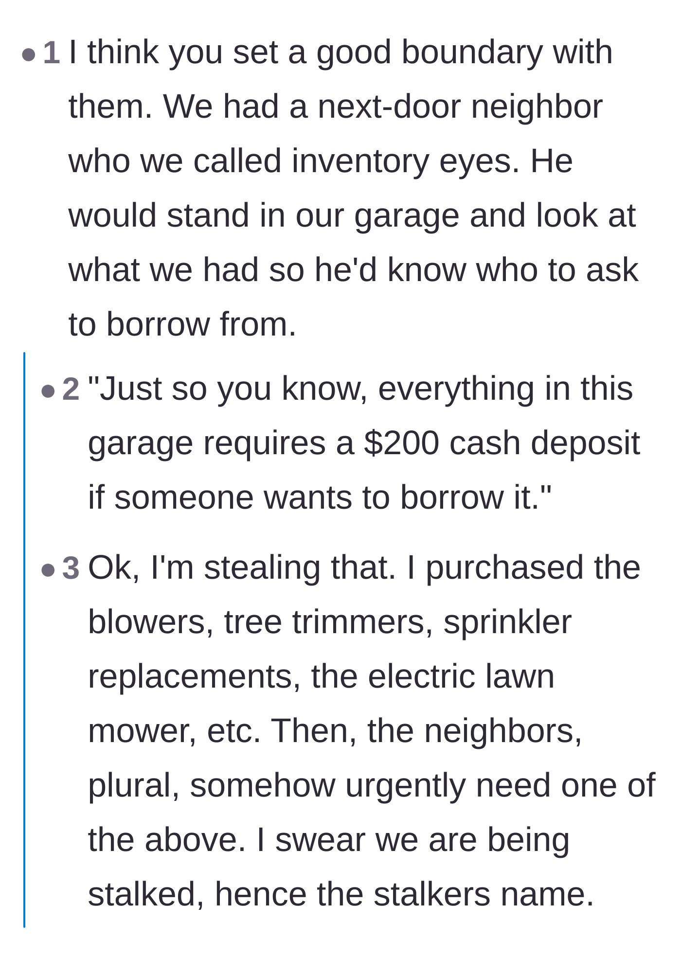 Comment thread 6 - A commenter coining the term 'inventory eyes' to describe neighbors who spy on your garage to see what they can borrow