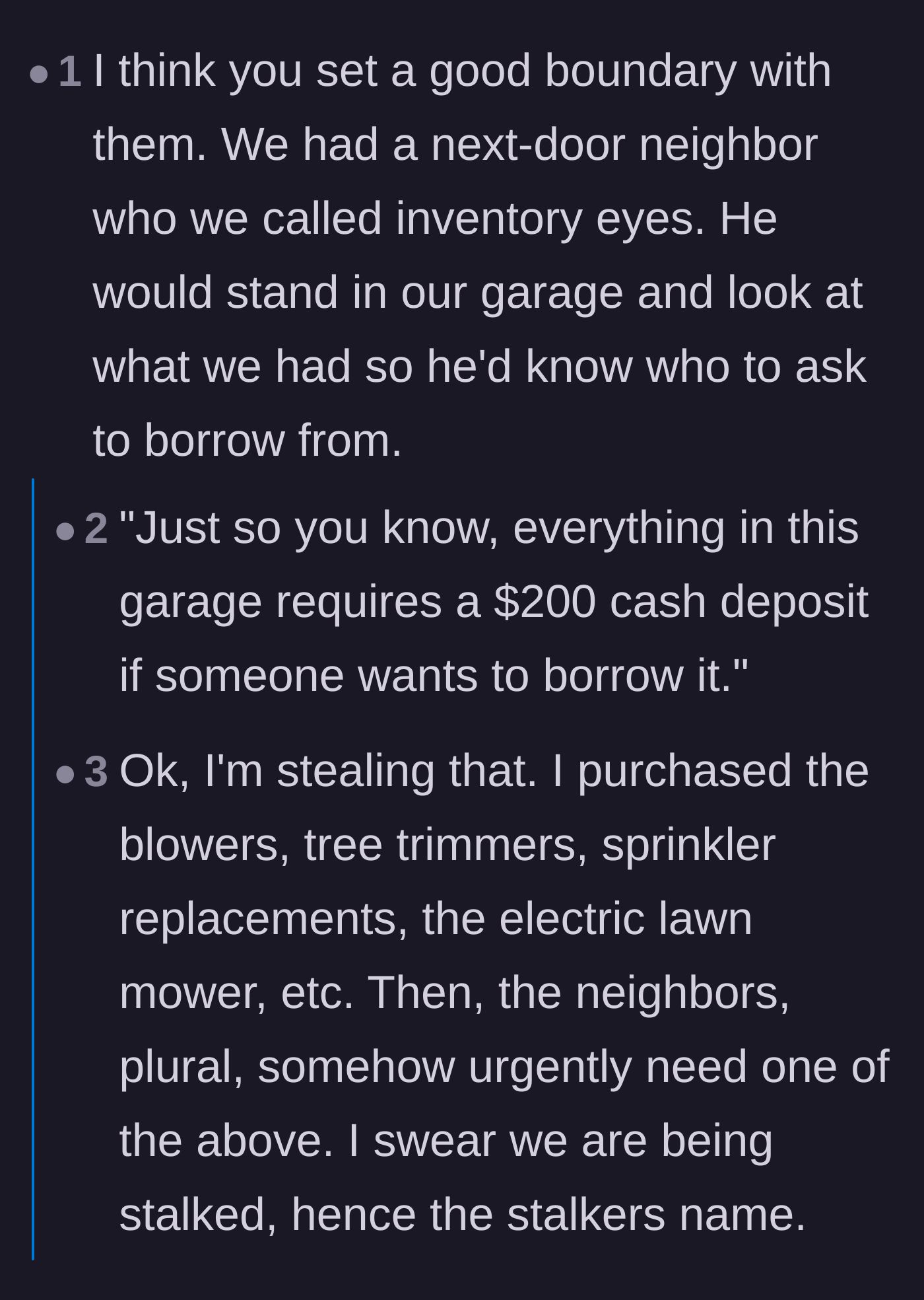 Comment thread 6 - A commenter coining the term 'inventory eyes' to describe neighbors who spy on your garage to see what they can borrow