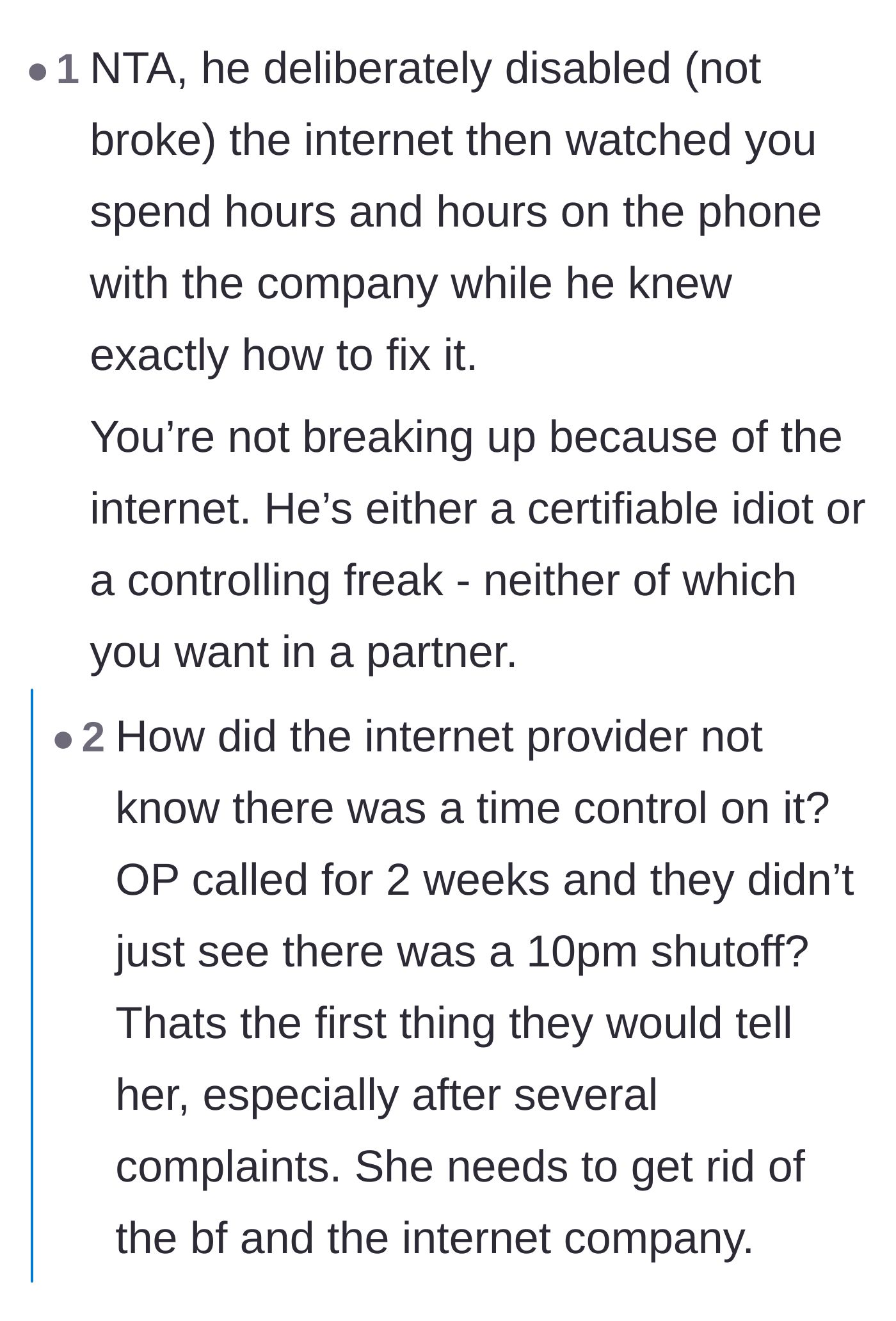 Comment thread 1 - Readers condemn the boyfriend for silently watching the mother spend hours on the phone with tech support.