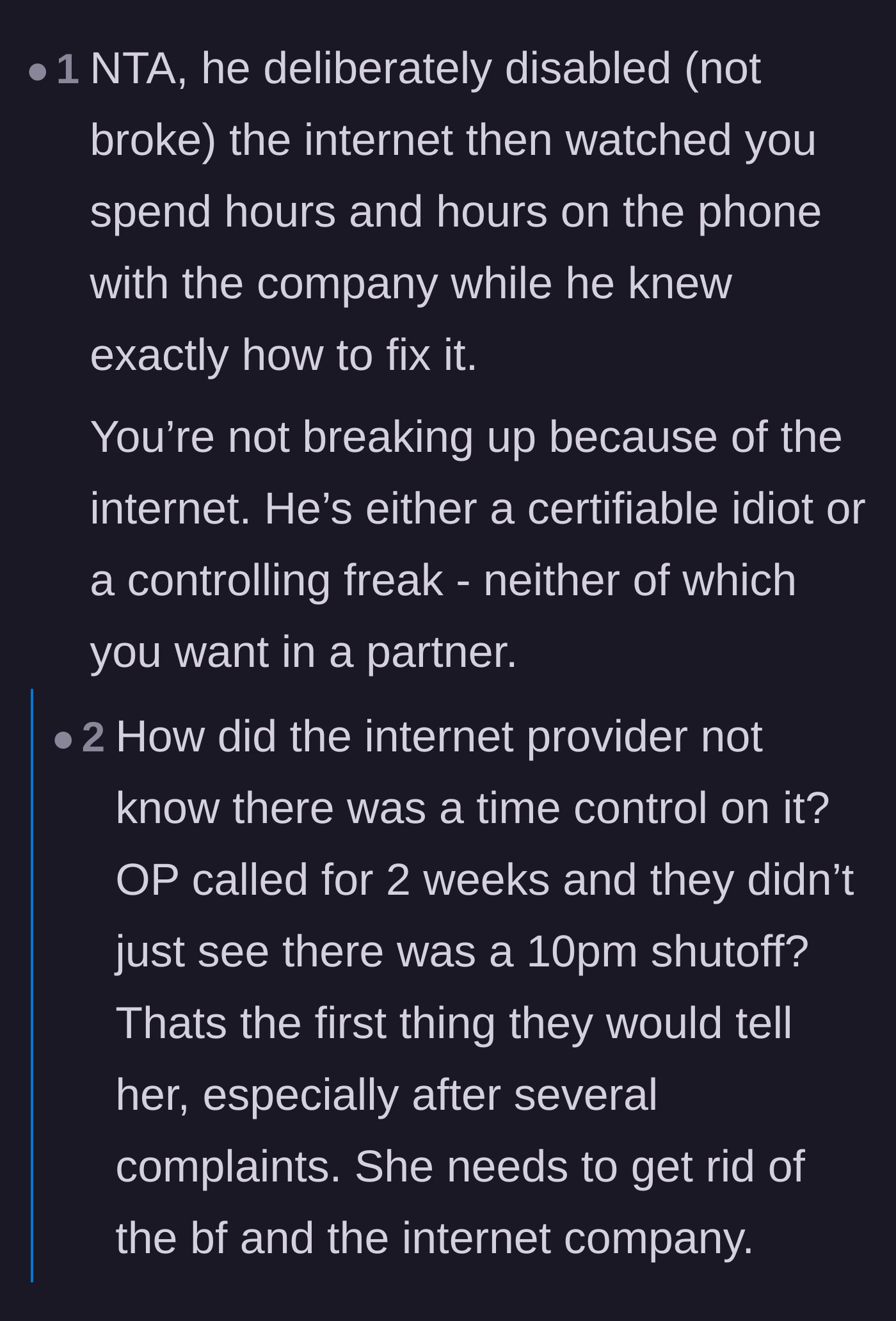 Comment thread 1 - Readers condemn the boyfriend for silently watching the mother spend hours on the phone with tech support.