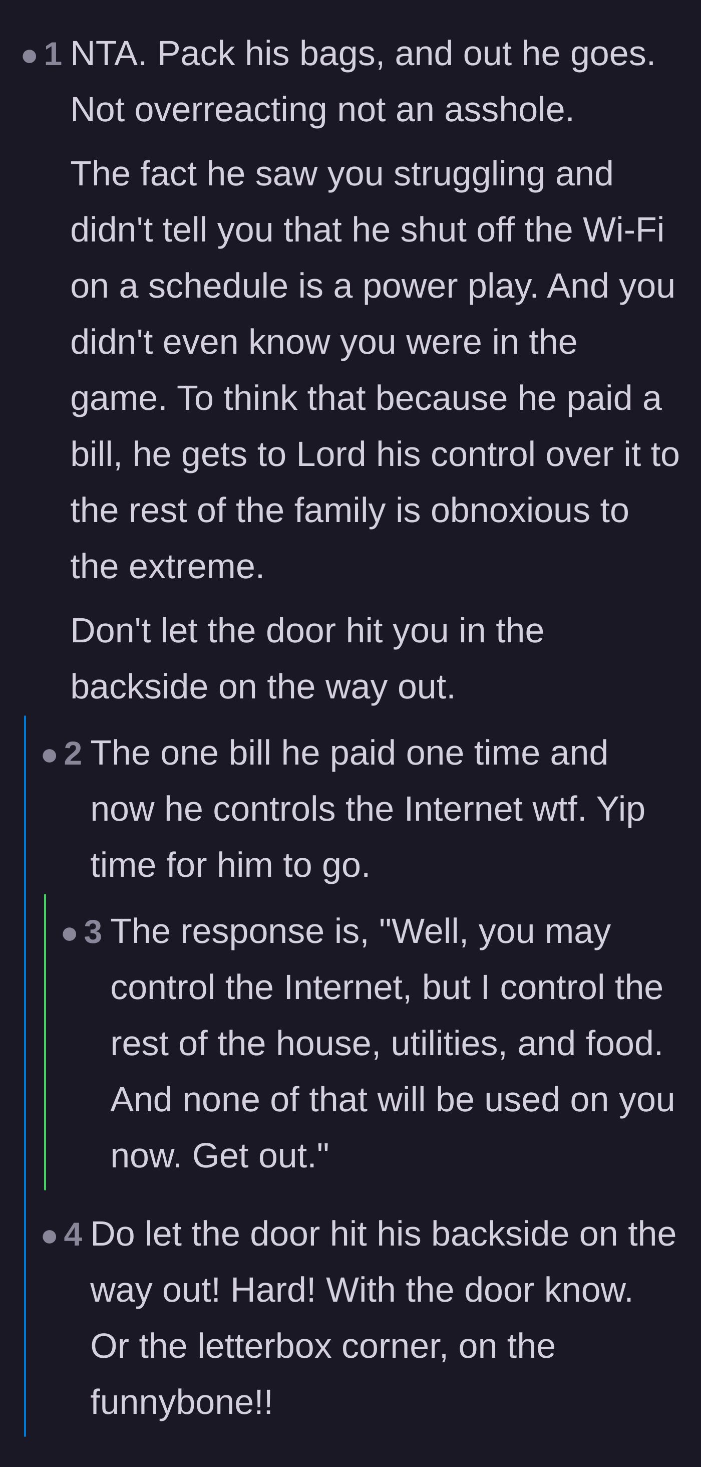 Comment thread 3 - Discussion about the audacity of using a single utility bill as a tool for household domination.