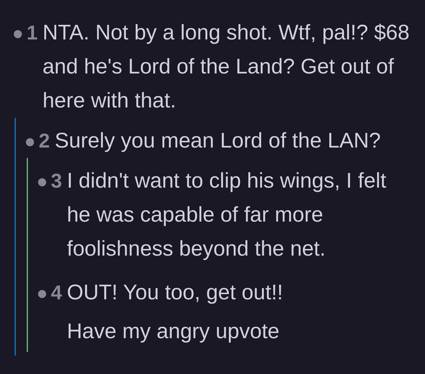 Comment thread 5 - Users mock the boyfriend with titles like 'Lord of the Land' and 'Lord of the LAN.'