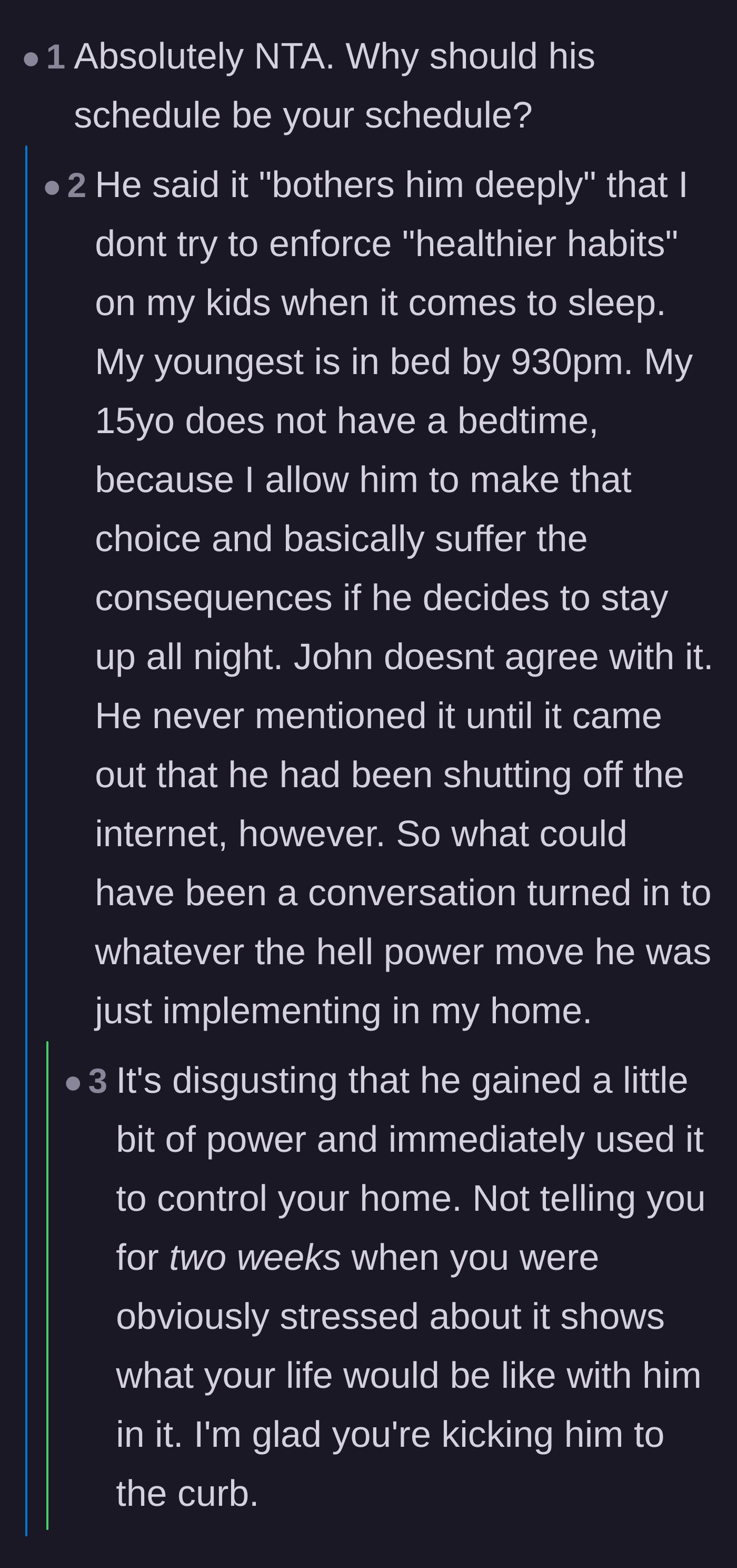 Comment thread 6 - The mother explains her parenting philosophy, and a user shares a chilling story of a stepdad who started by cutting the cable.