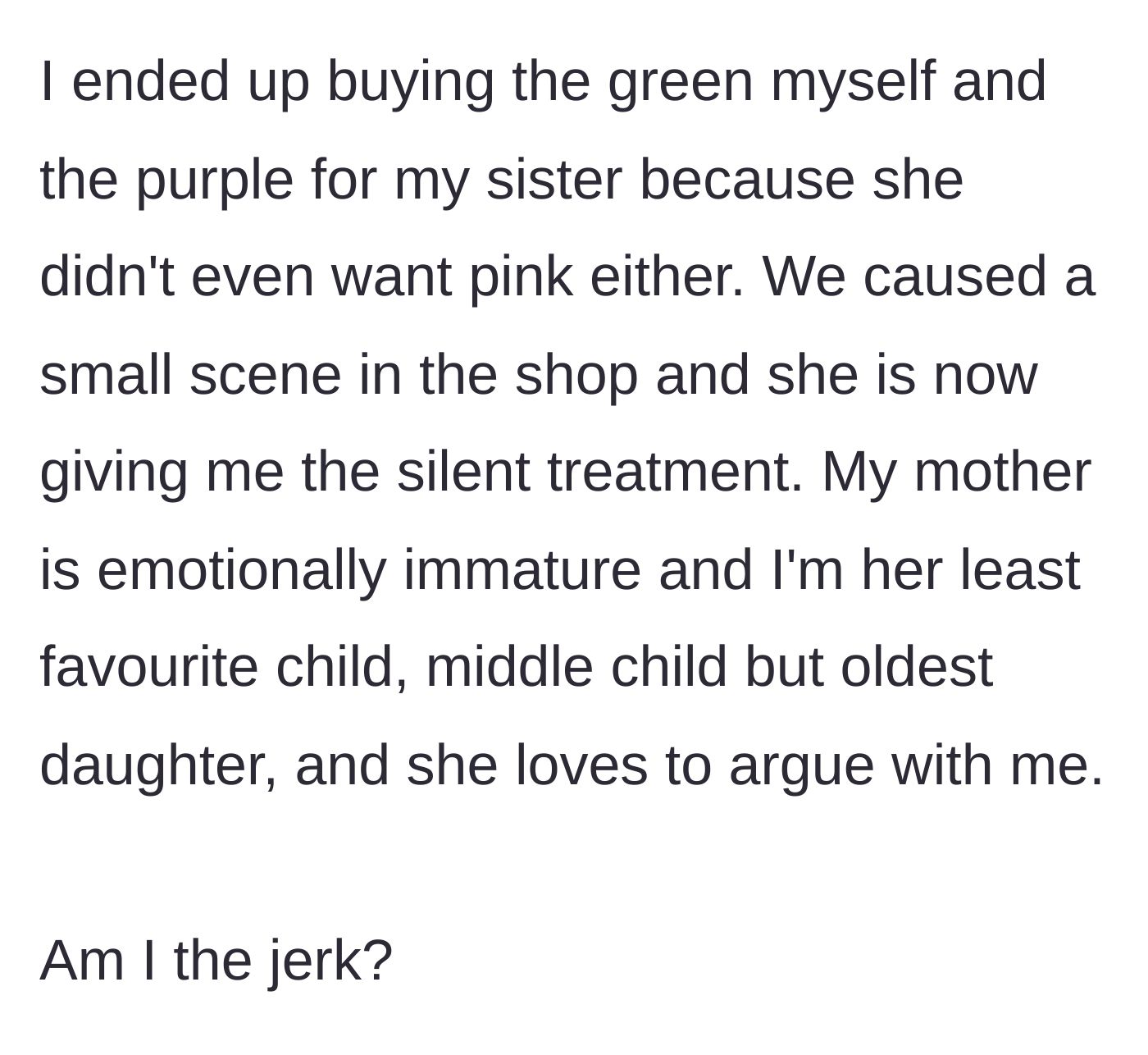 Story part 4 - A young woman proudly buying her own green sheets at the register while her mother sulks in silence.