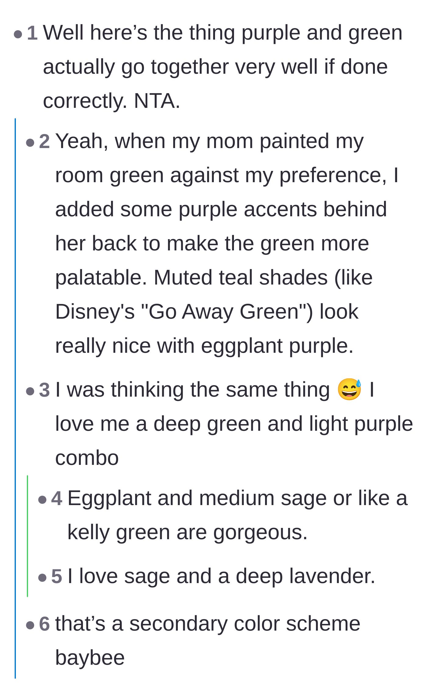 Comment thread 2 - People discussing color theory and how different shades of green and purple complement each other.