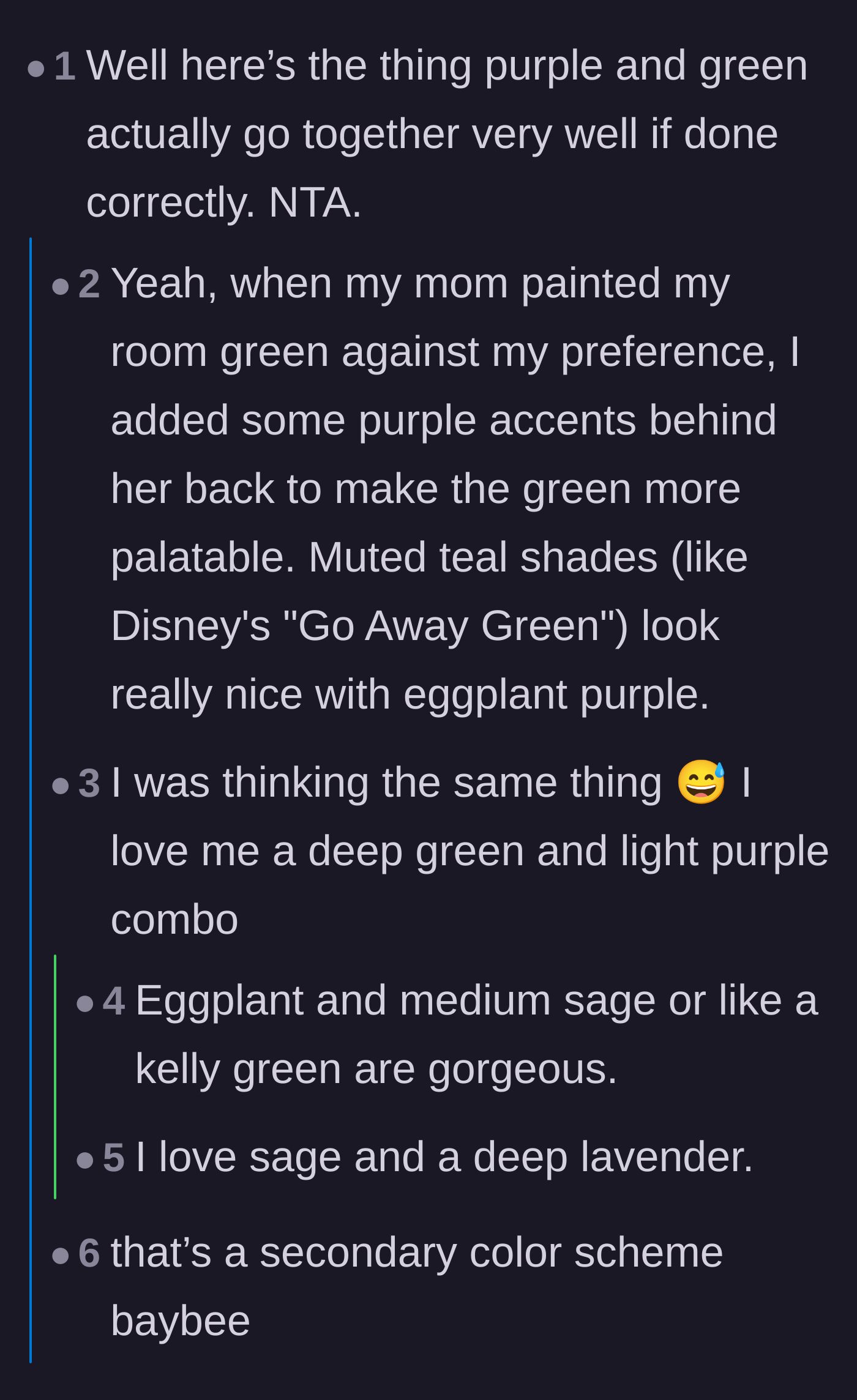 Comment thread 2 - People discussing color theory and how different shades of green and purple complement each other.