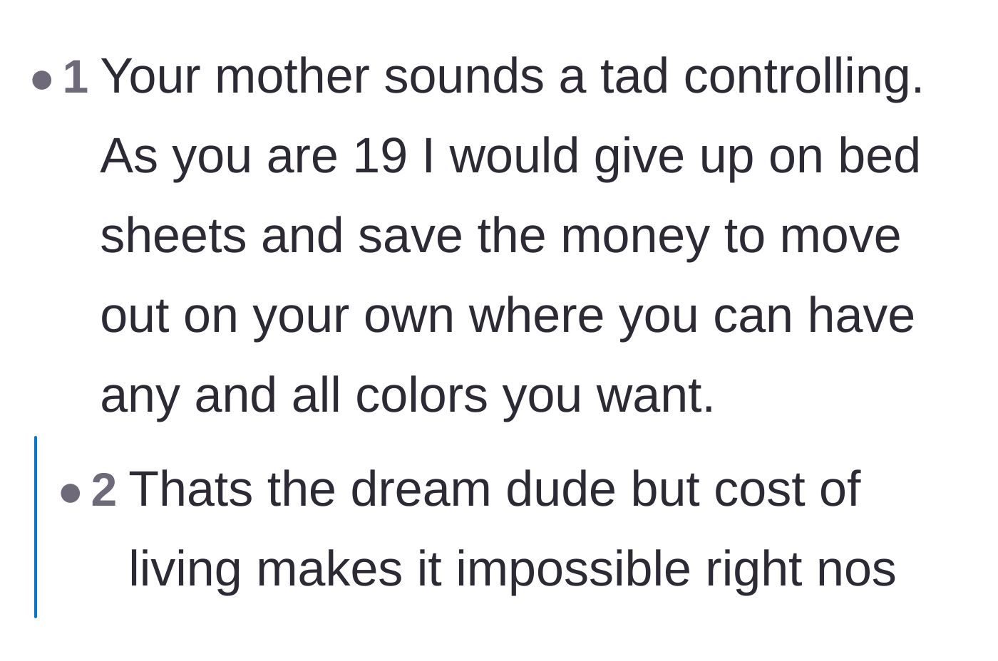 Comment thread 3 - Advice for the 19-year-old to save her money and move out to escape her controlling mother.