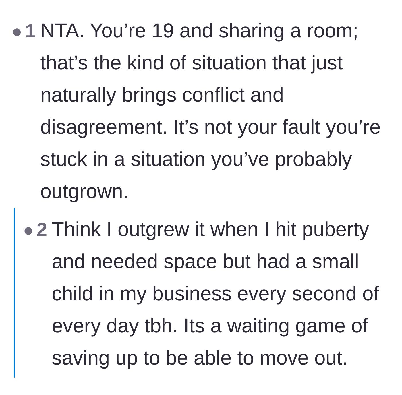 Comment thread 4 - Commiseration about sharing a room at 19 and practical advice for building a physical barrier.