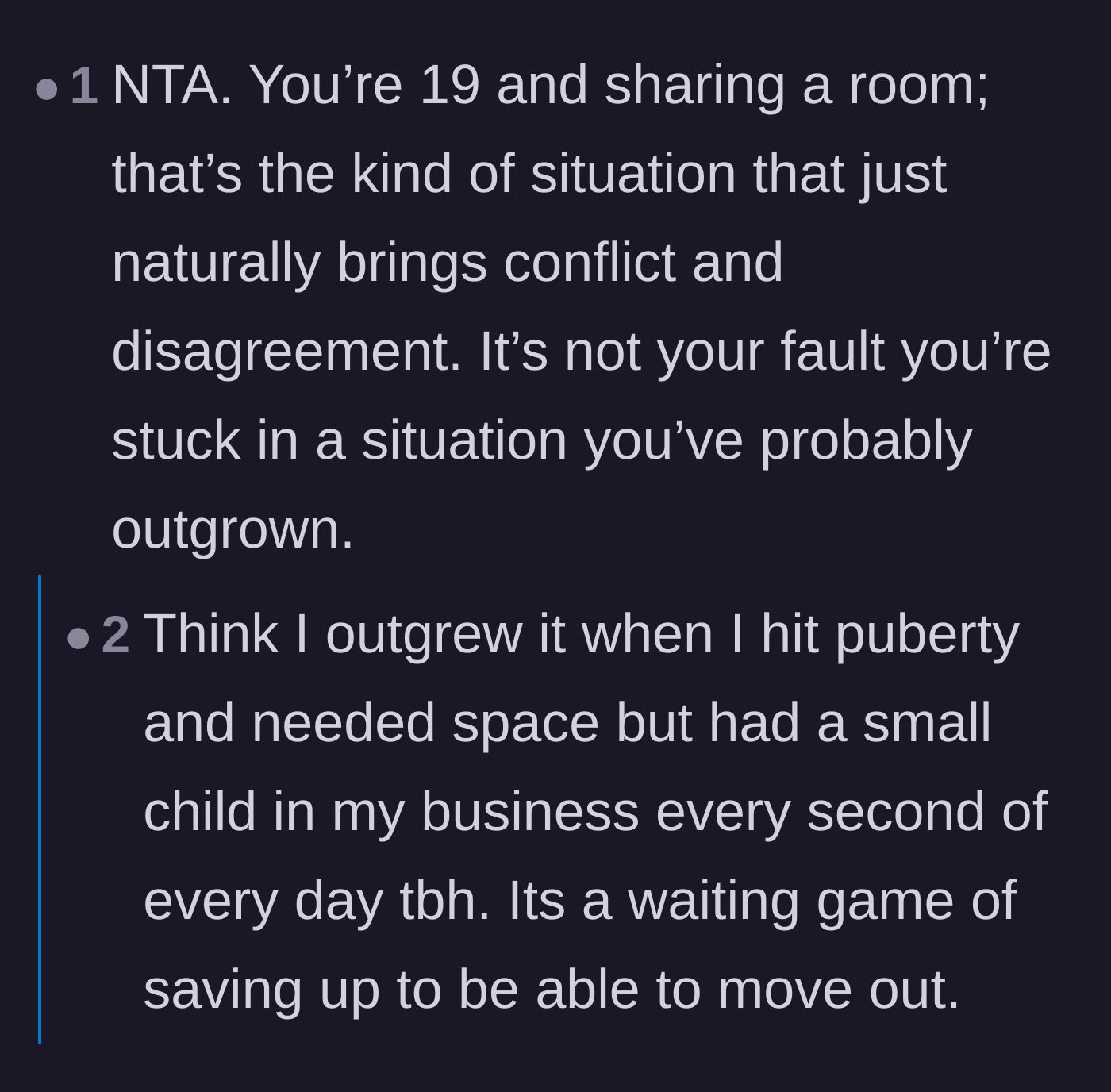Comment thread 4 - Commiseration about sharing a room at 19 and practical advice for building a physical barrier.