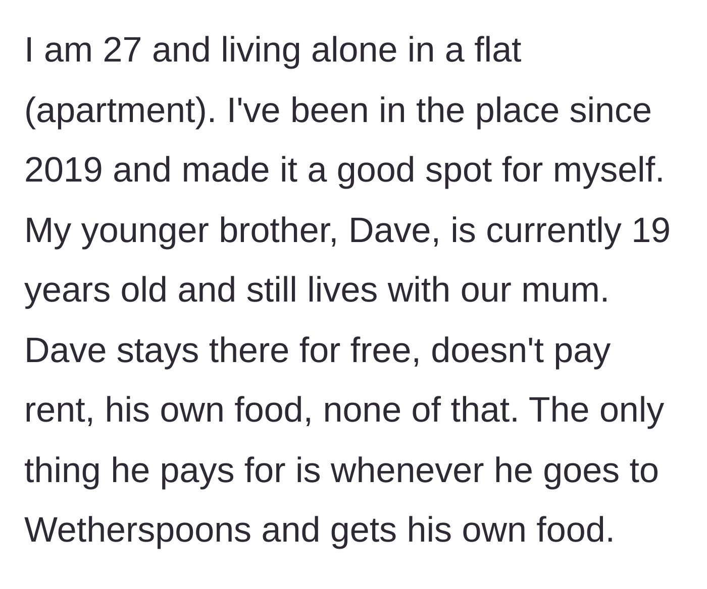 Story part 1 - A split view of a peaceful, well-kept apartment on one side, and a teenager eating cheap pub food on the other.