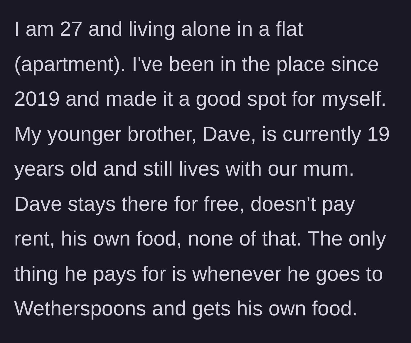 Story part 1 - A split view of a peaceful, well-kept apartment on one side, and a teenager eating cheap pub food on the other.