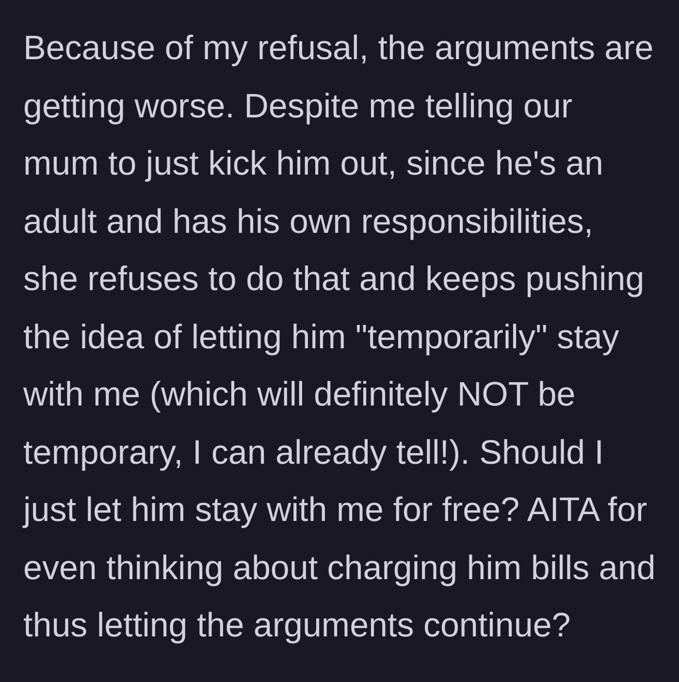 Story part 5 - A steadfast sibling holding up a hand in a strict 'stop' motion while an anxious mother pleads with them over the phone.