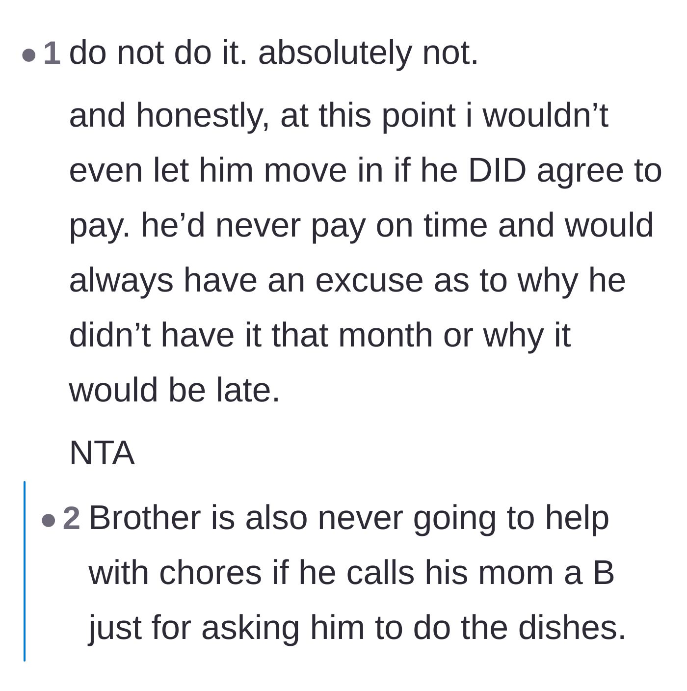 Comment thread 2 - A debate on how the brother would undoubtedly default on rent and expect full-time maid service.