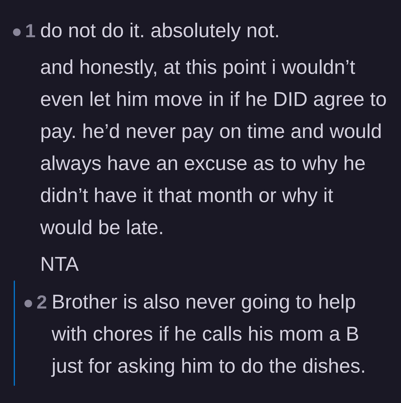Comment thread 2 - A debate on how the brother would undoubtedly default on rent and expect full-time maid service.
