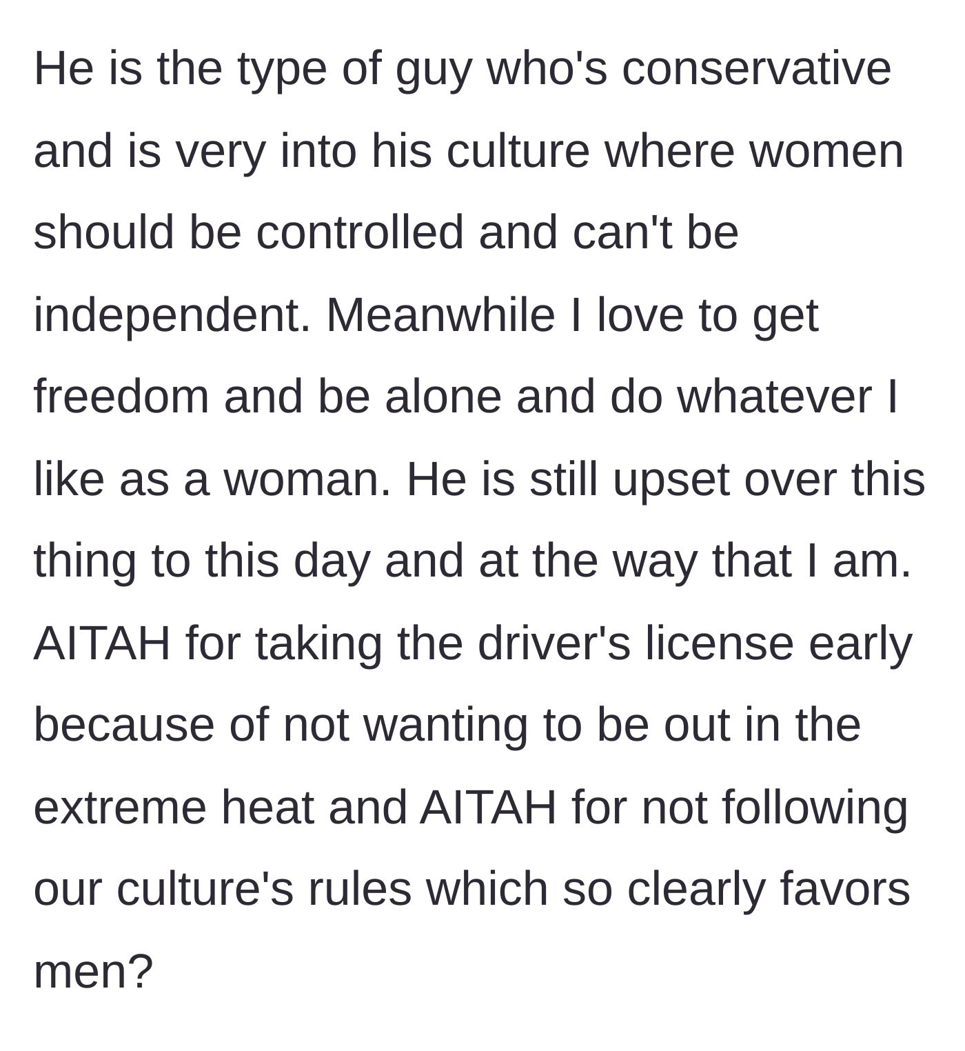 Story part 4 - The sister reflects on her brother's oppressive, conservative worldview and questions if she was wrong to seek her freedom.