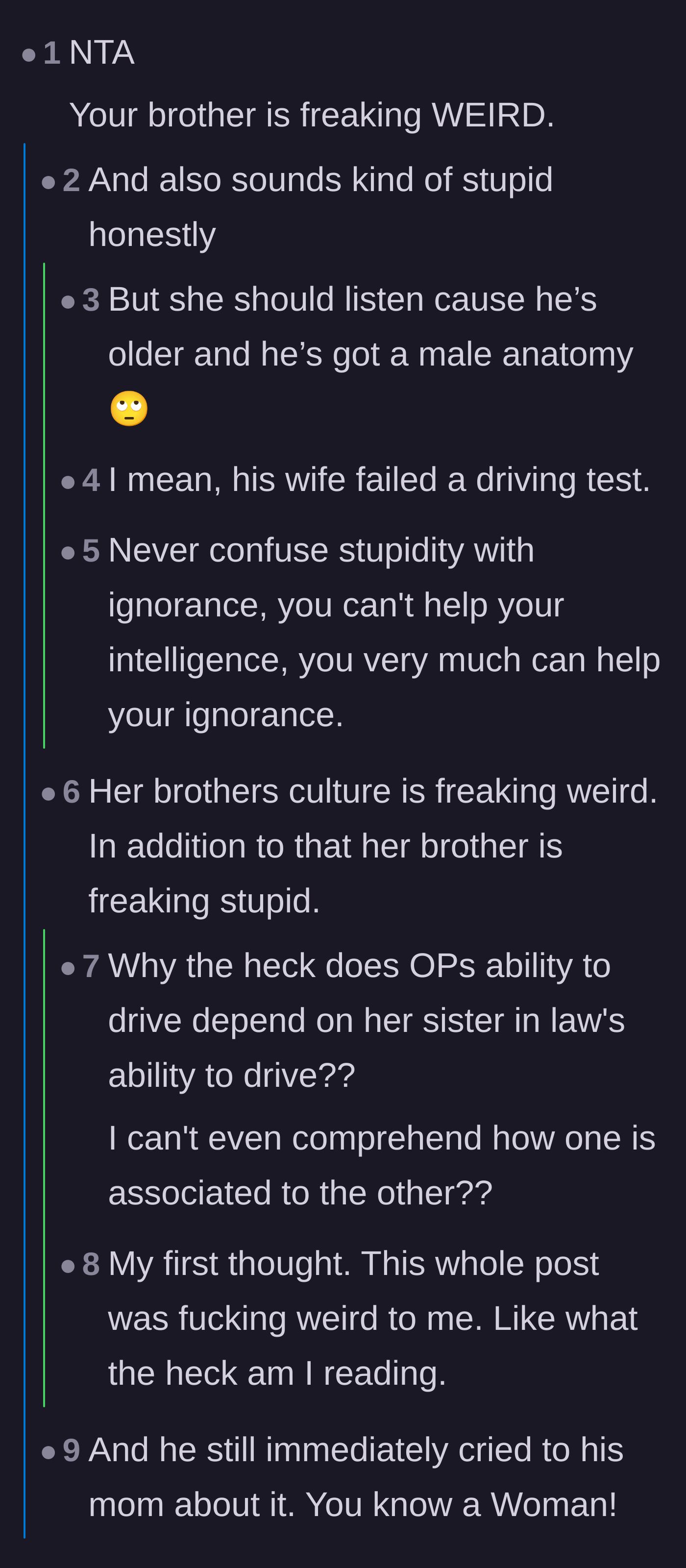 Comment thread 1 - Readers criticizing the brother's strange behavior and his toxic need to enforce cultural hierarchy and control.