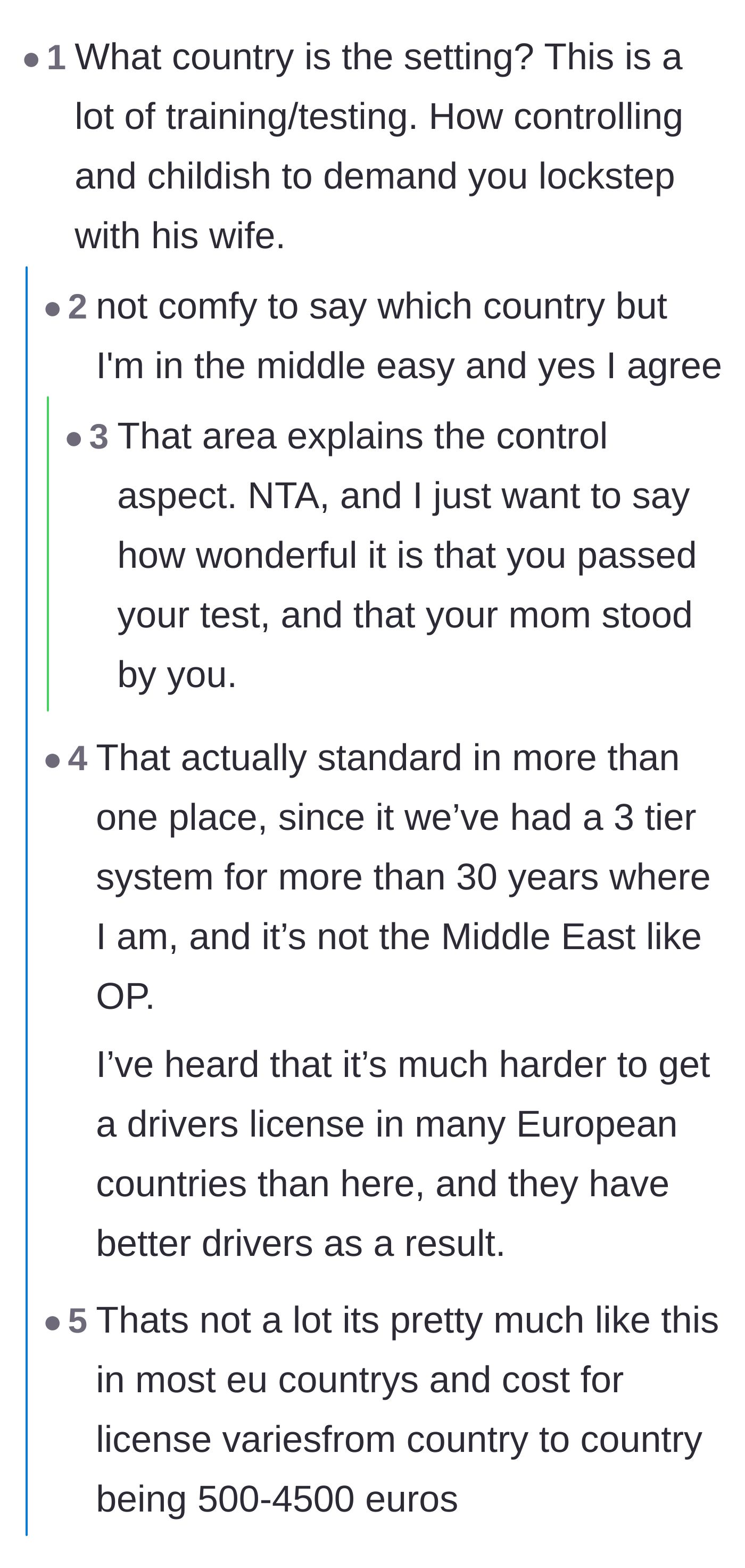 Comment thread 2 - Discussion about the story's geographic location, cultural context, and differences in driving tests around the world.