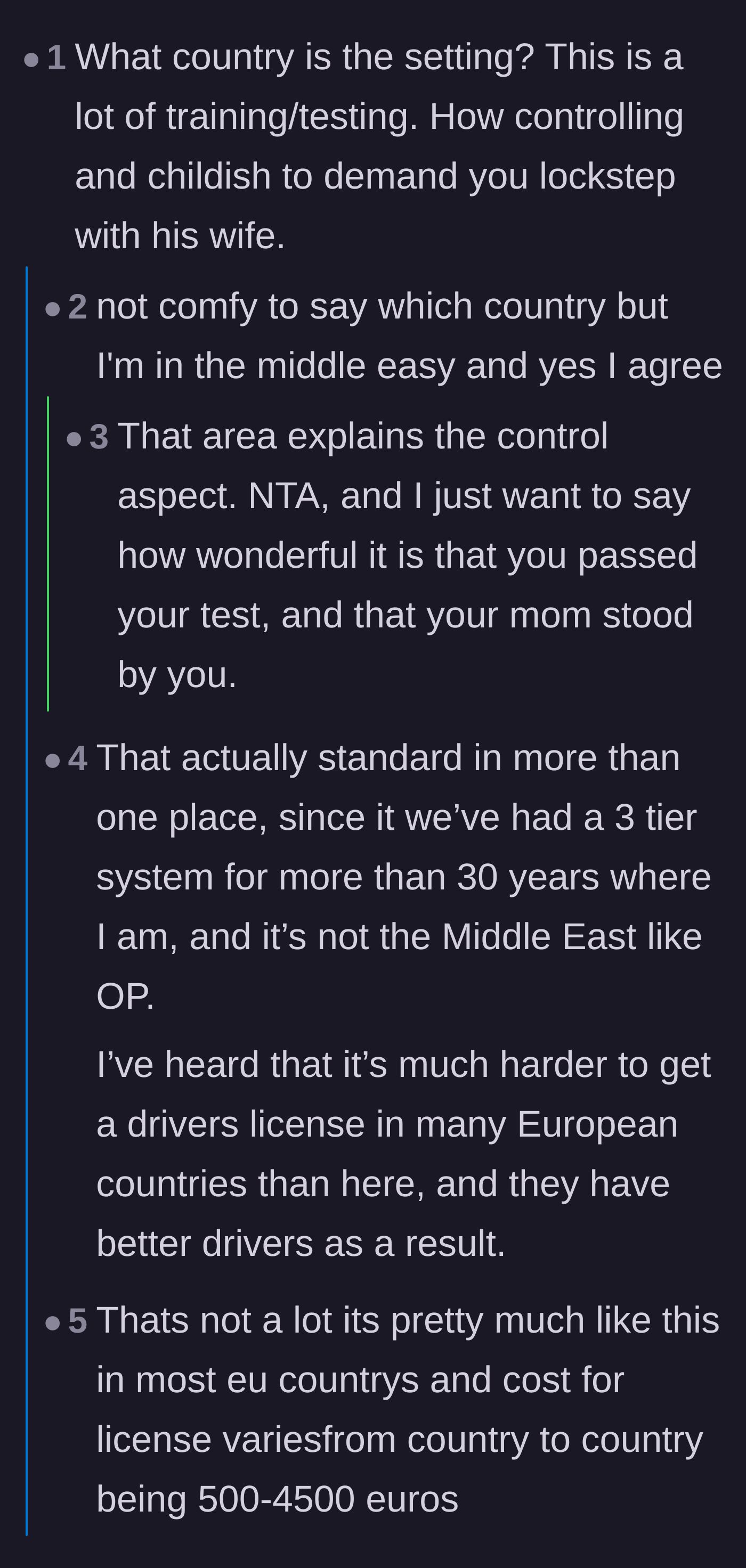 Comment thread 2 - Discussion about the story's geographic location, cultural context, and differences in driving tests around the world.