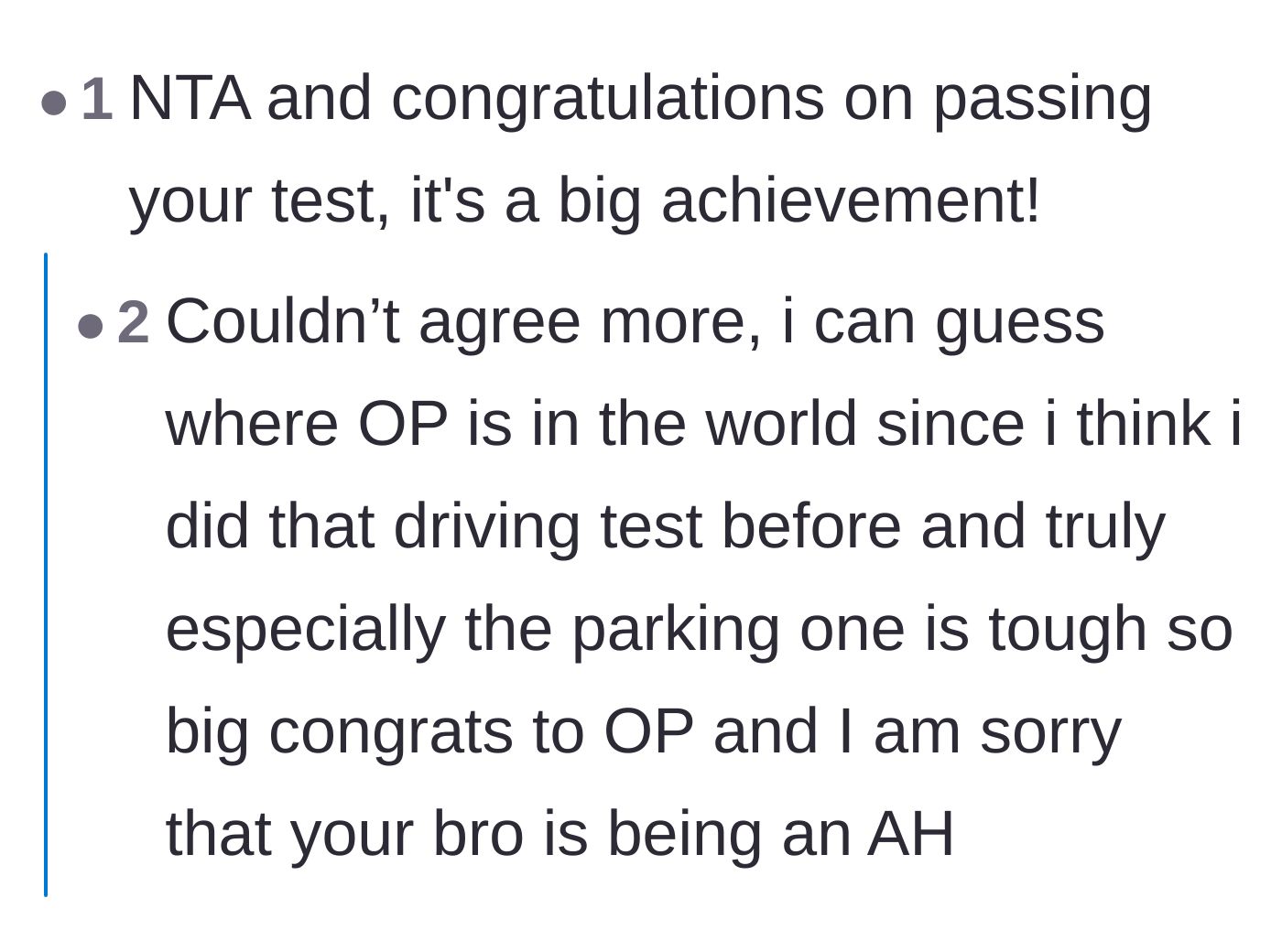 Comment thread 3 - Readers congratulating the original poster on passing a notoriously difficult parking test.