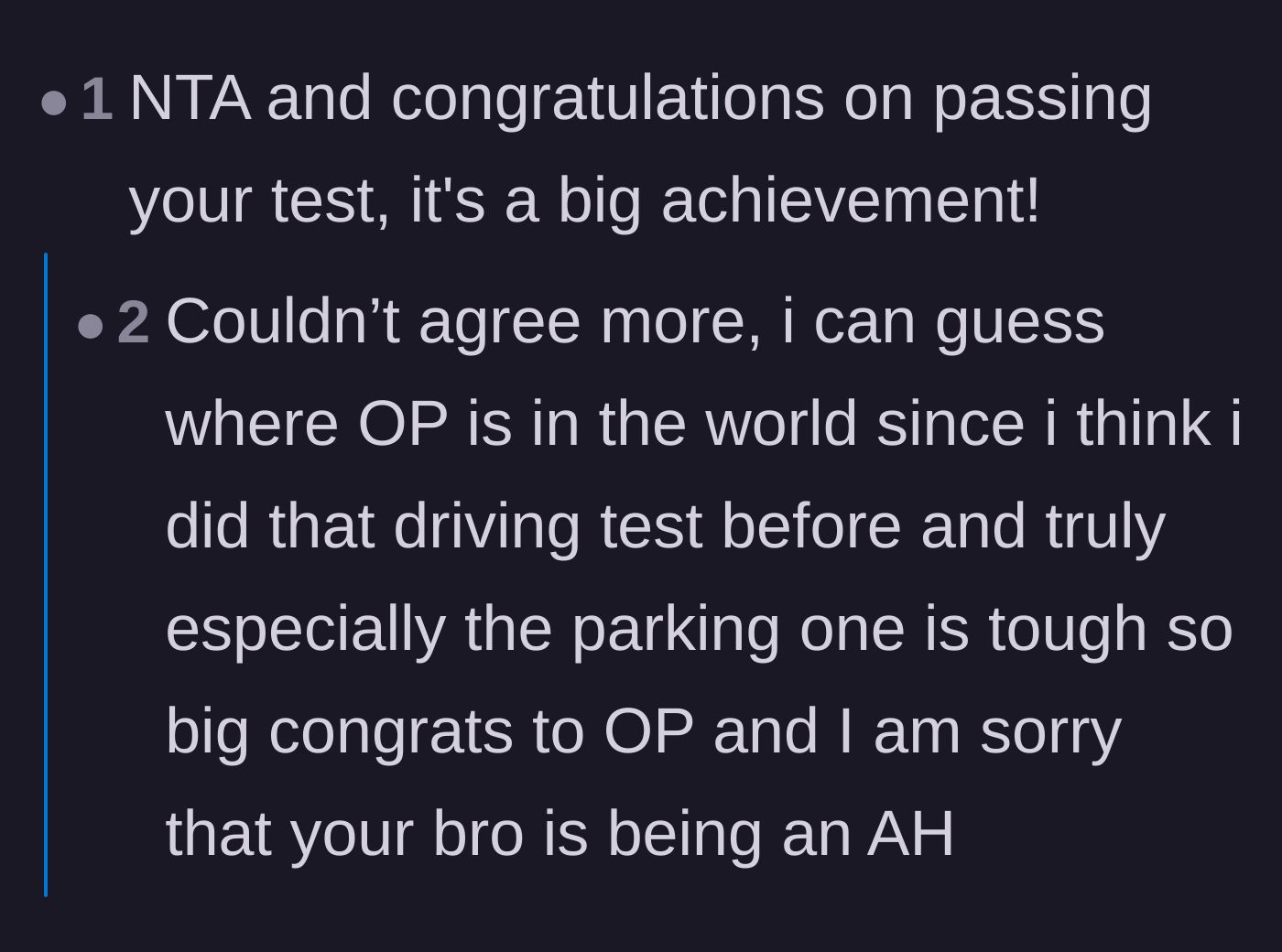 Comment thread 3 - Readers congratulating the original poster on passing a notoriously difficult parking test.