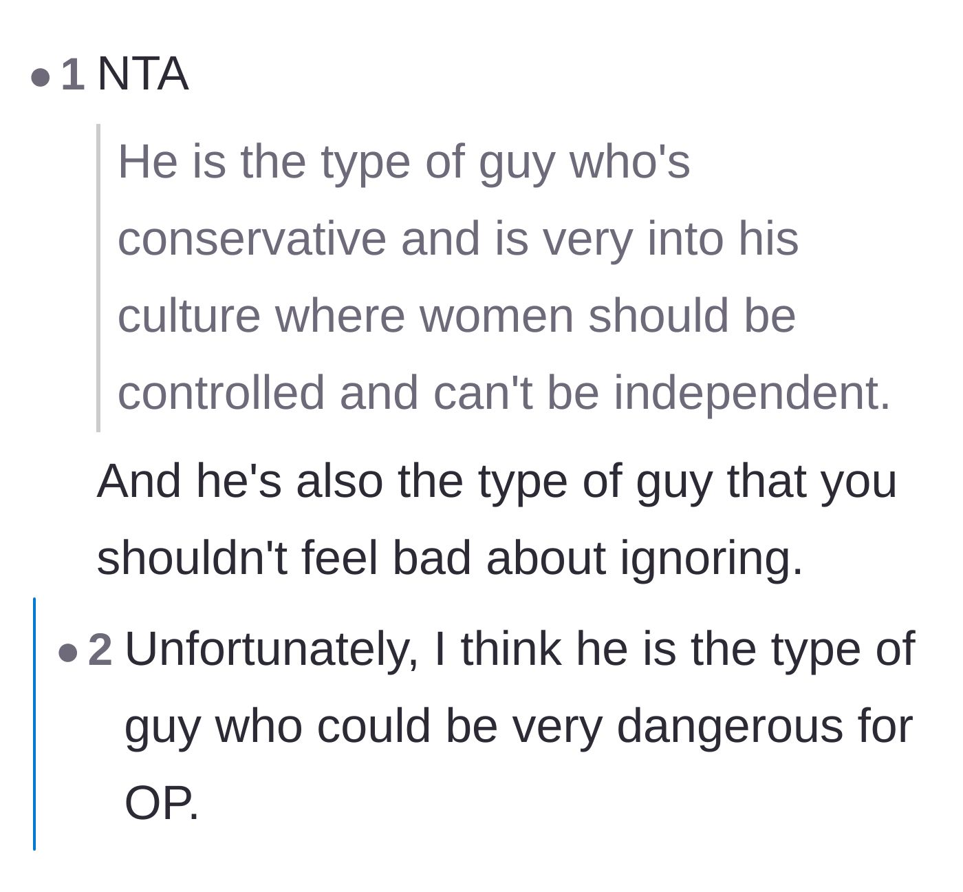 Comment thread 5 - A serious warning from readers about the potential danger of the brother's highly controlling behavior toward women.