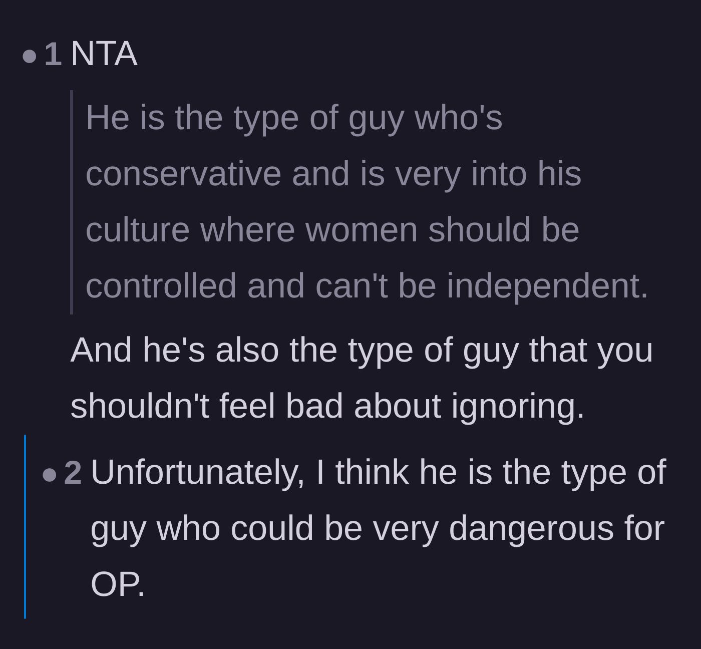Comment thread 5 - A serious warning from readers about the potential danger of the brother's highly controlling behavior toward women.