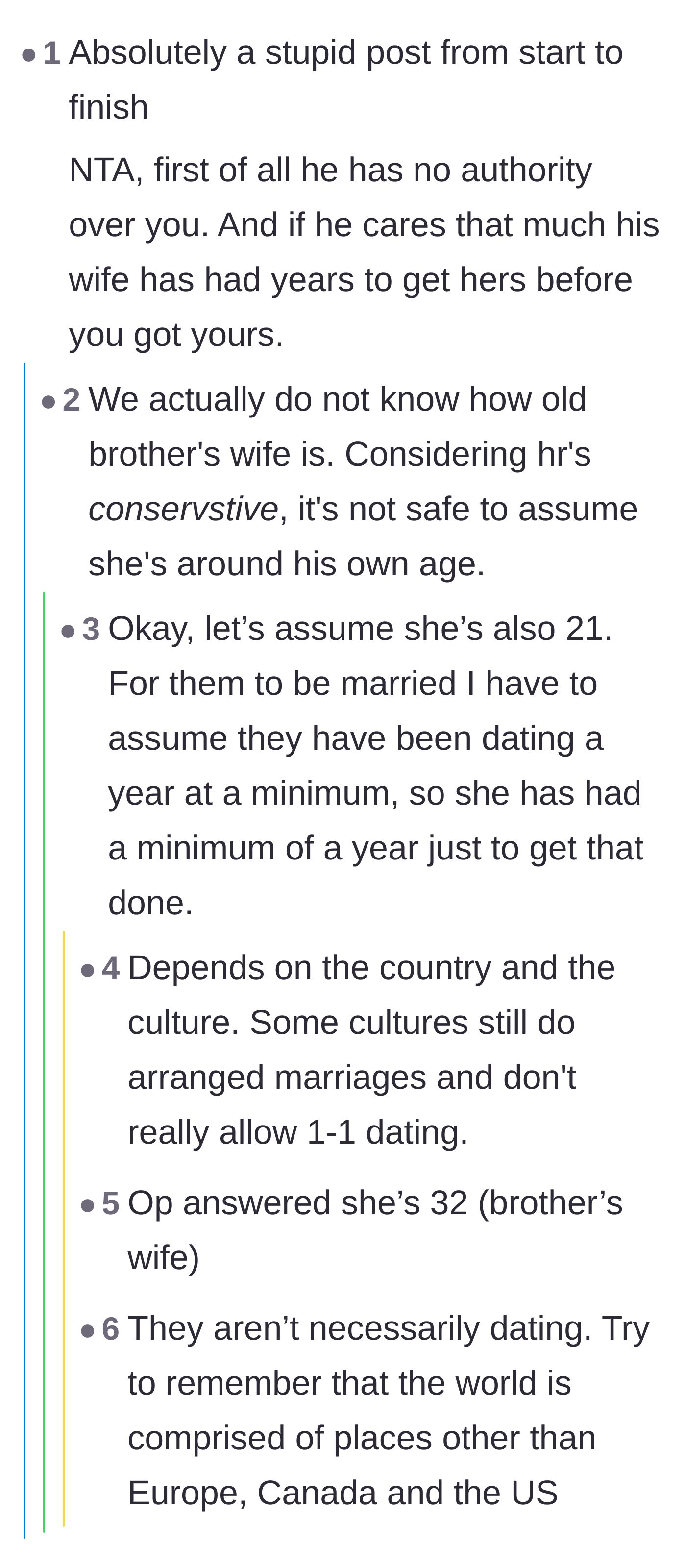 Comment thread 6 - Debate over the sister-in-law's age and how she had plenty of time to get her license before the younger sister started learning.