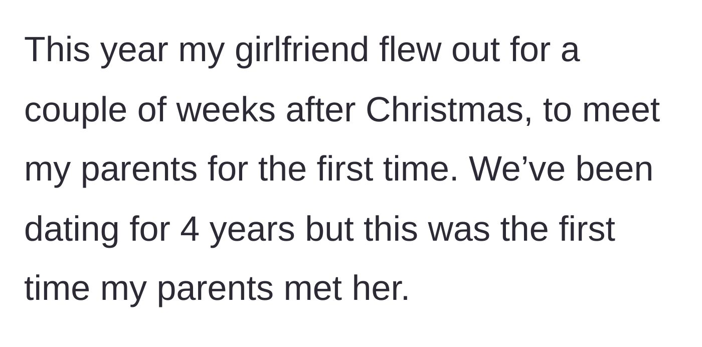 Story part 3 - The son's girlfriend of four years visiting Australia to meet his parents for the first time.